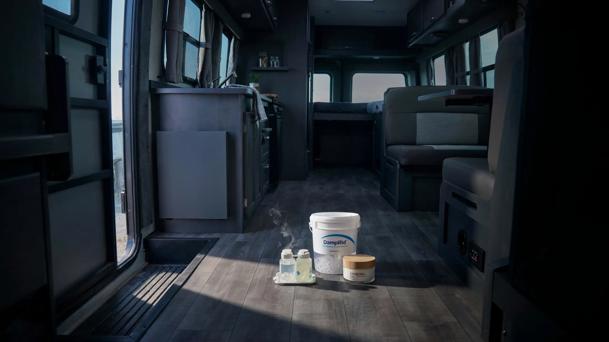 DampRid and Kanberra moisture absorbing gel and damping film for reducing humidity, mold, and musty odors in basements, closets, and vehicles. 