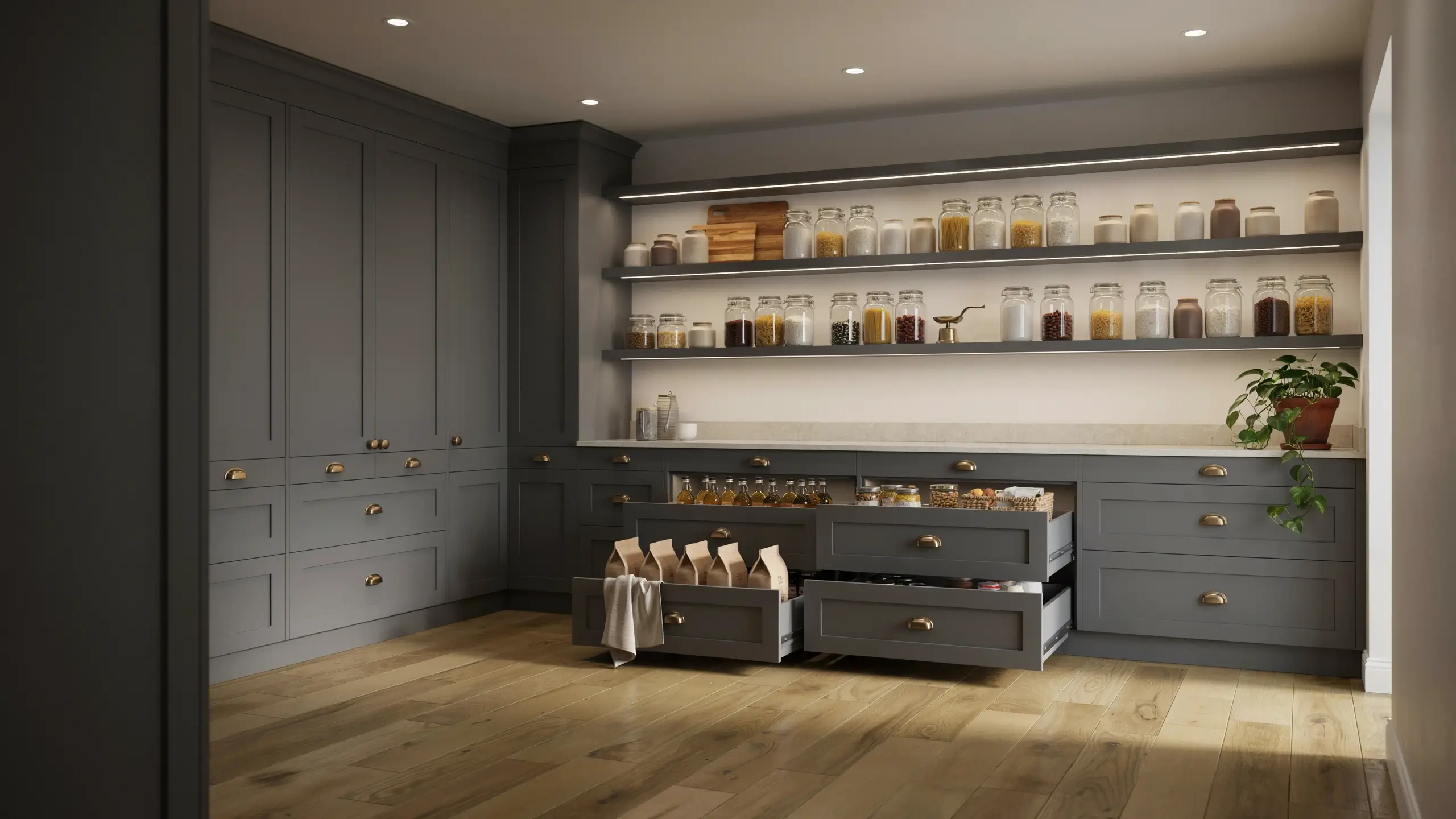 Dark charcoal grey built-in cabinetry in a walk-in pantry, featuring illuminated open shelving with glass storage jars, brass hardware, and open pull-out drawers organizing dry goods and snacks. 