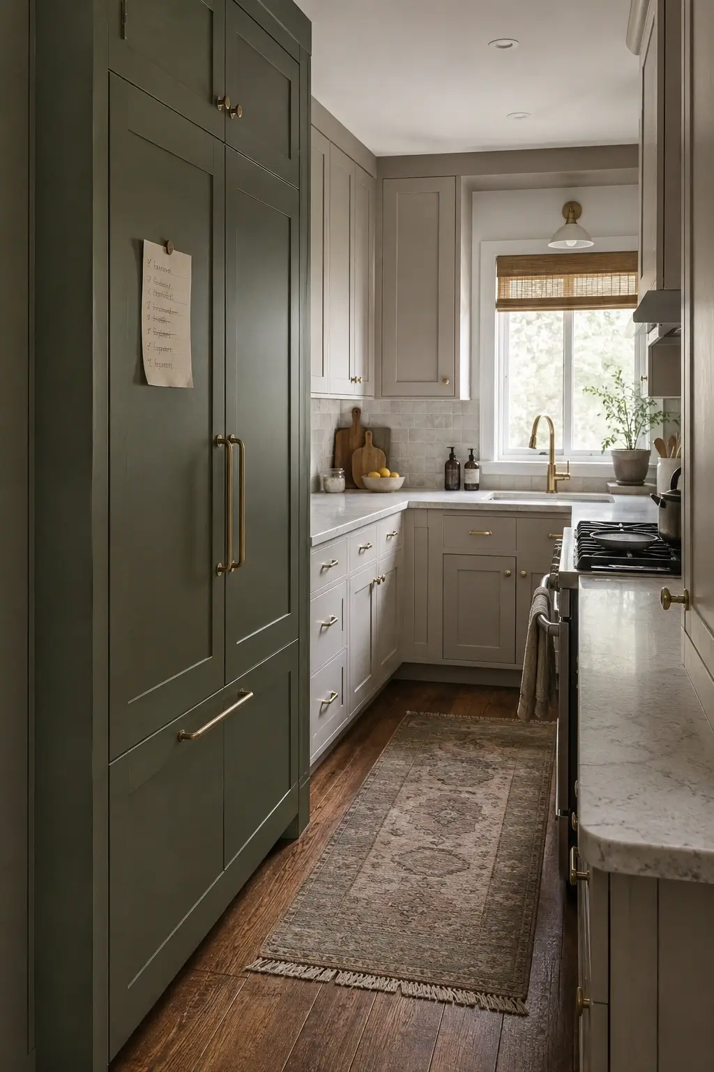Narrow L-shaped kitchen with dark green pantry wall, taupe cabinets, brass hardware and runner rug