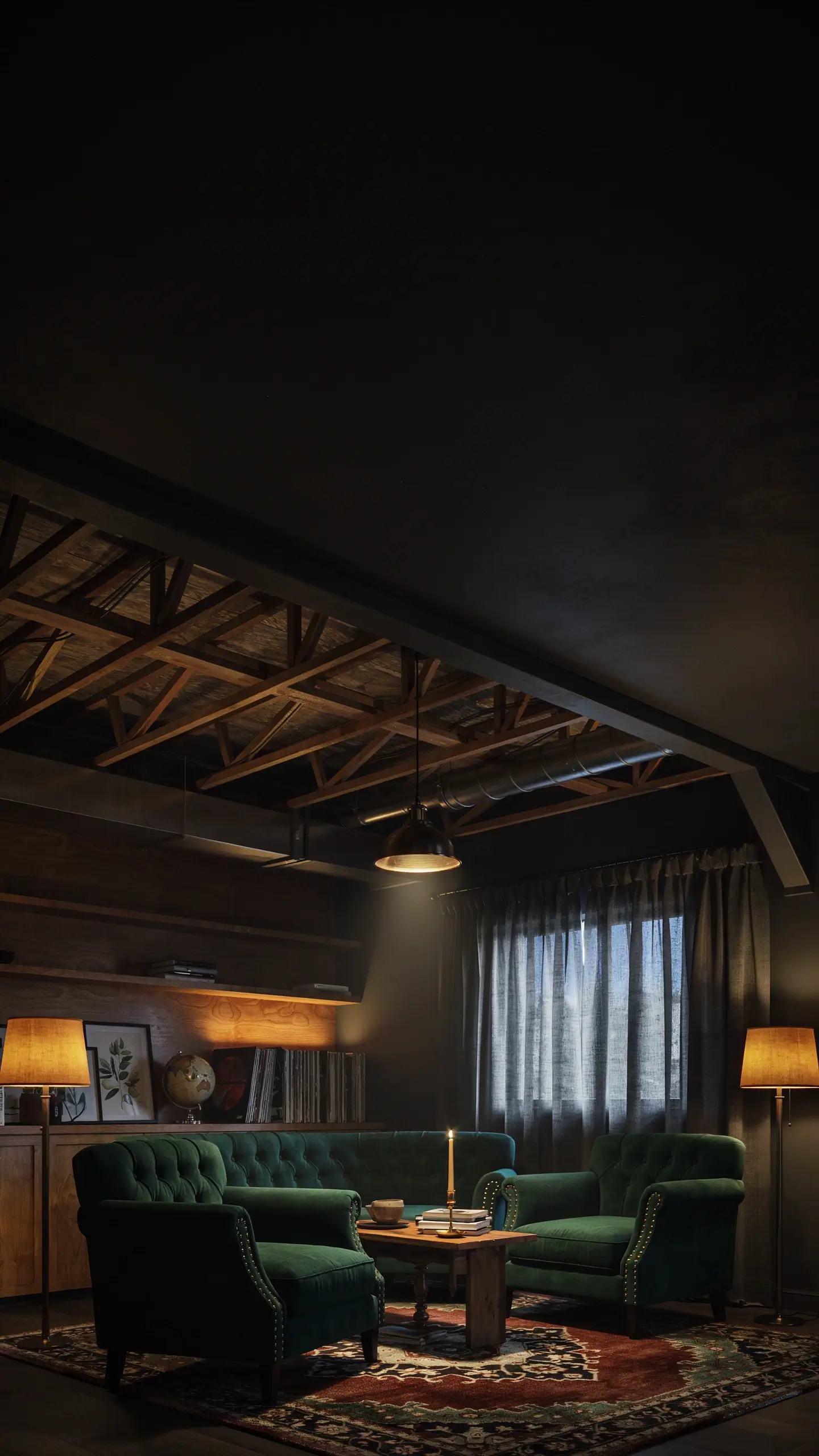 Dark painted ceiling in a moody industrial living room featuring exposed wooden trusses, green velvet tufted furniture, a patterned rug, and warm amber floor lamps
