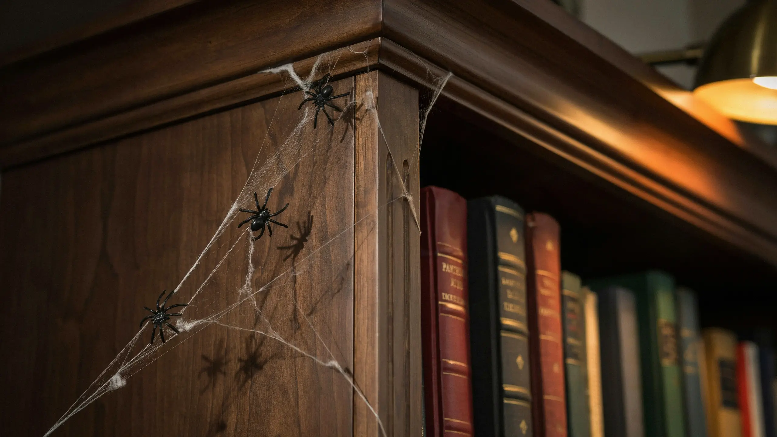Artificial cobwebs and black spiders decorating the corner of a dark wood bookshelf holding vintage books under a warm lamp. 