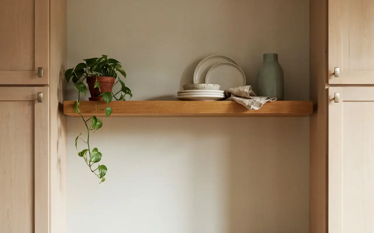 Wood floating kitchen shelf on a darker wall between pale cabinets with plates, a vase, and trailing plant
