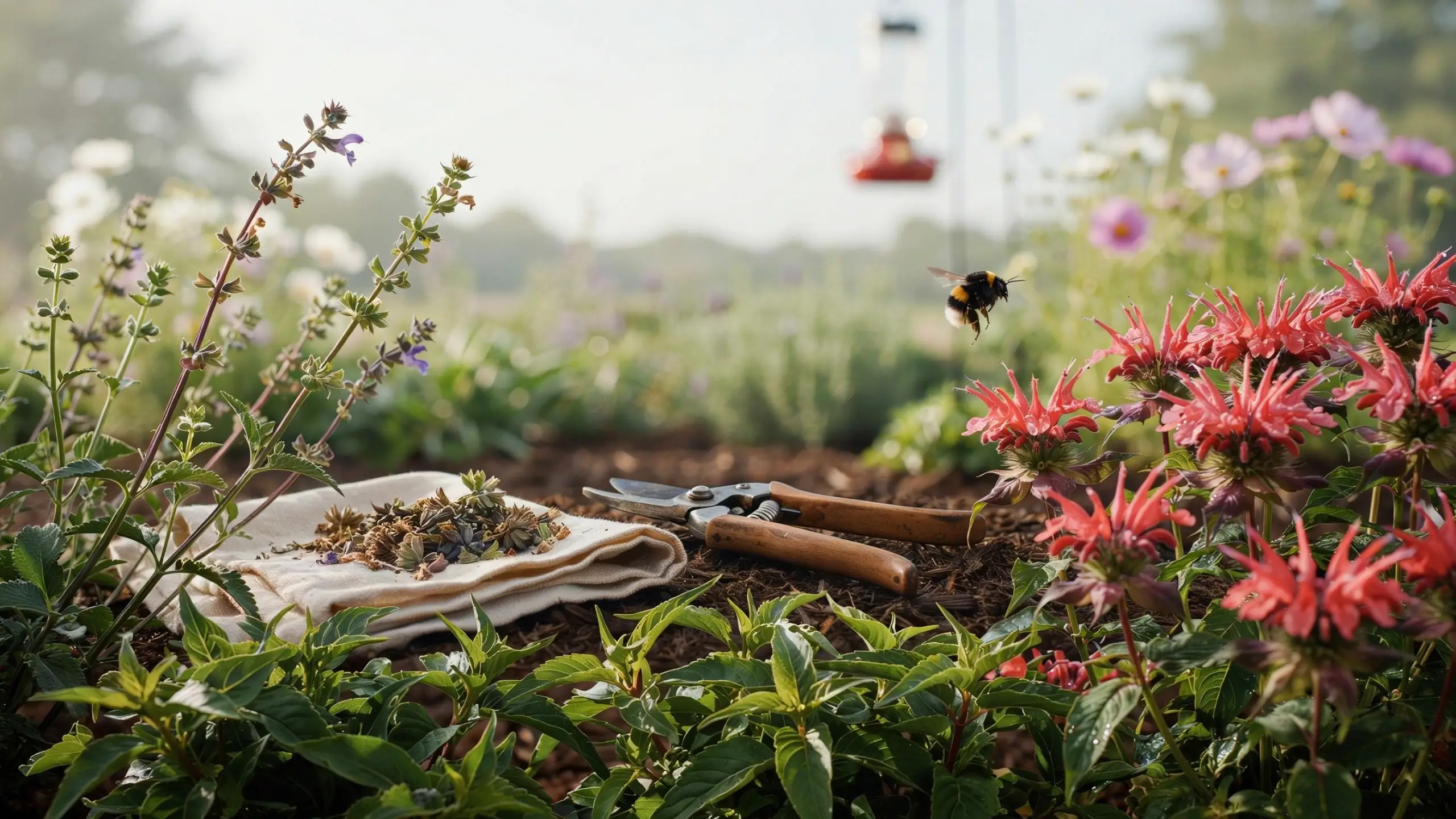 Garden shears resting on a cloth with gathered dried seed heads, beside blooming red bee balm flowers and a hovering bumblebee.