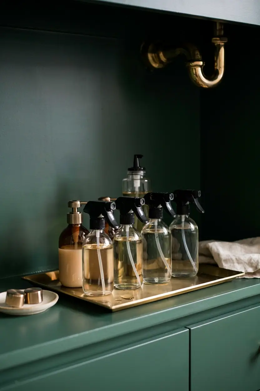 Matching glass spray bottles and soap dispensers neatly arranged on a tray under the kitchen sink.