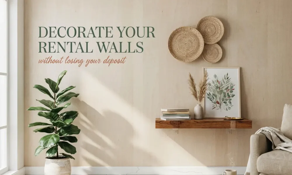 Renter-friendly wall decor with woven baskets, plant, floating shelf, and botanical art in a neutral living room.