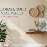 Renter-friendly wall decor with woven baskets, plant, floating shelf, and botanical art in a neutral living room.