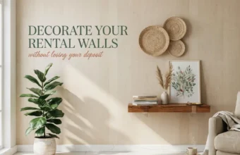 Renter-friendly wall decor with woven baskets, plant, floating shelf, and botanical art in a neutral living room.