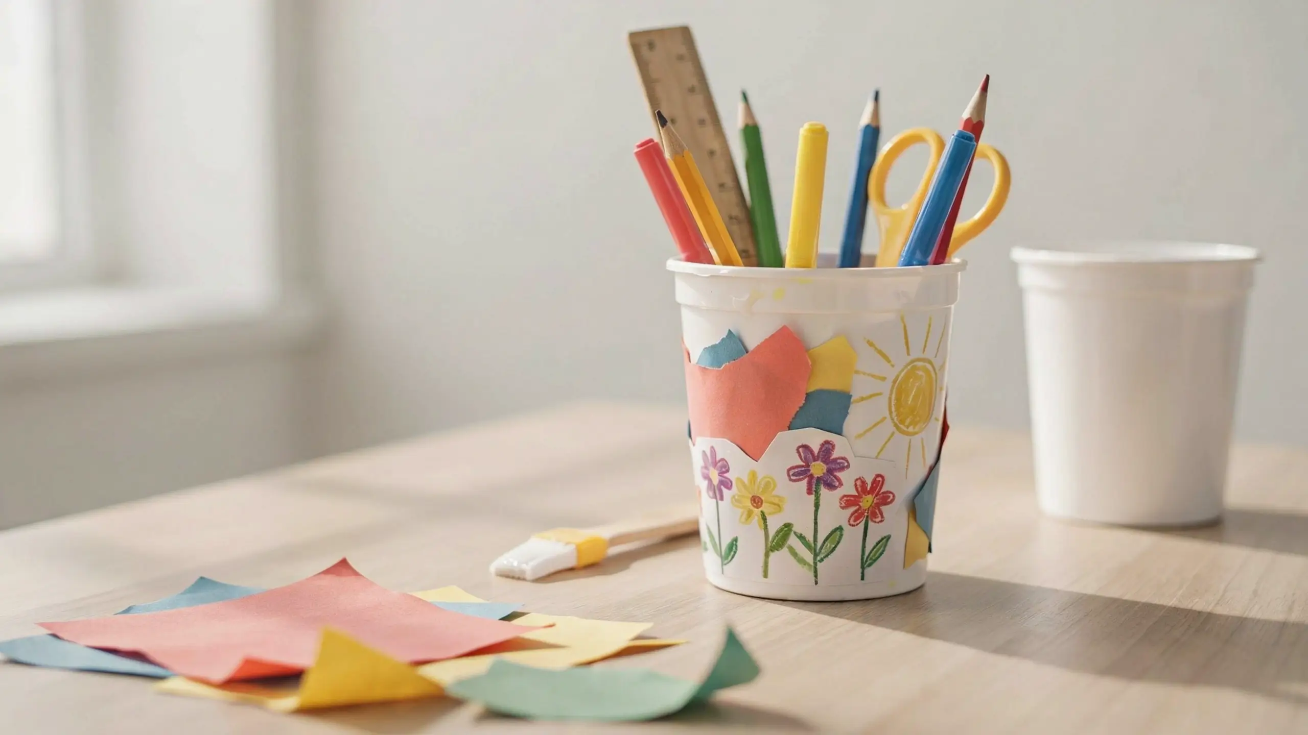Kid-decorated pencil cup holding colorful pencils, markers, scissors, and a ruler on a craft table.