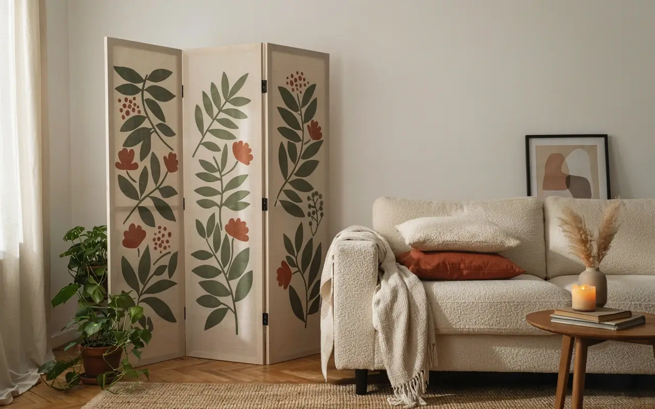 Floral room divider leaning beside a sofa for renter-friendly wall-sized living room decor.
