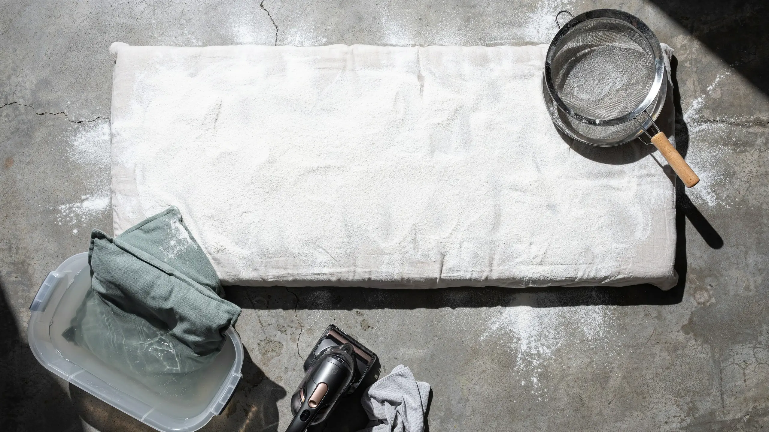 "Overhead shot of outdoor deep cleaning process for a white fabric mattress using baking soda, a water basin, and a handheld vacuum."