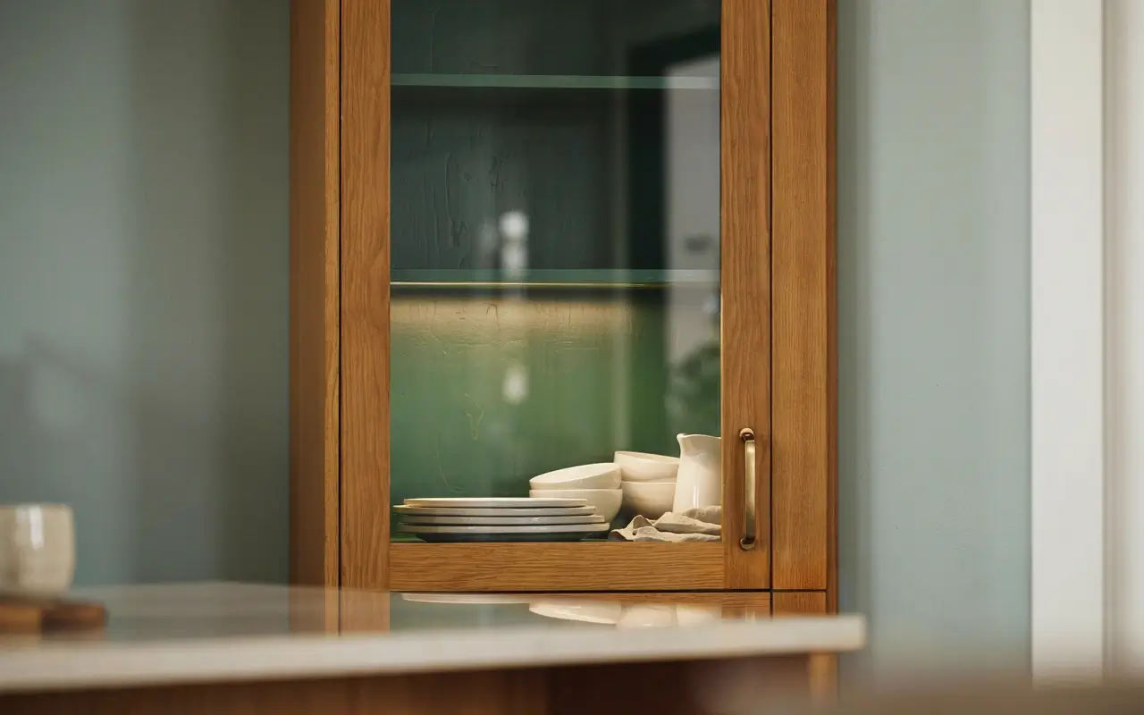 Glass-front wood kitchen cabinet with a deep green painted interior, stacked plates, bowls, and a white pitcher.