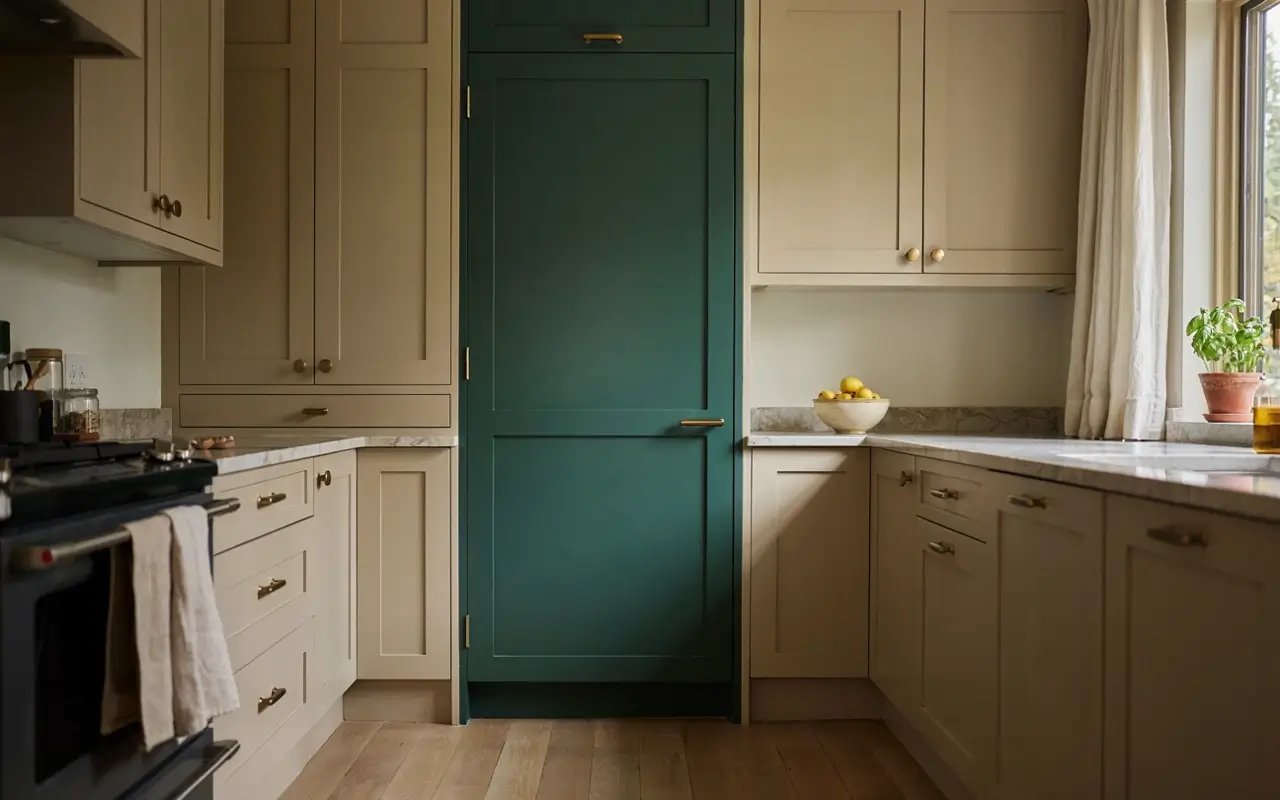 Neutral kitchen with cream cabinets and a deep green painted pantry door as a jewel-tone accent.