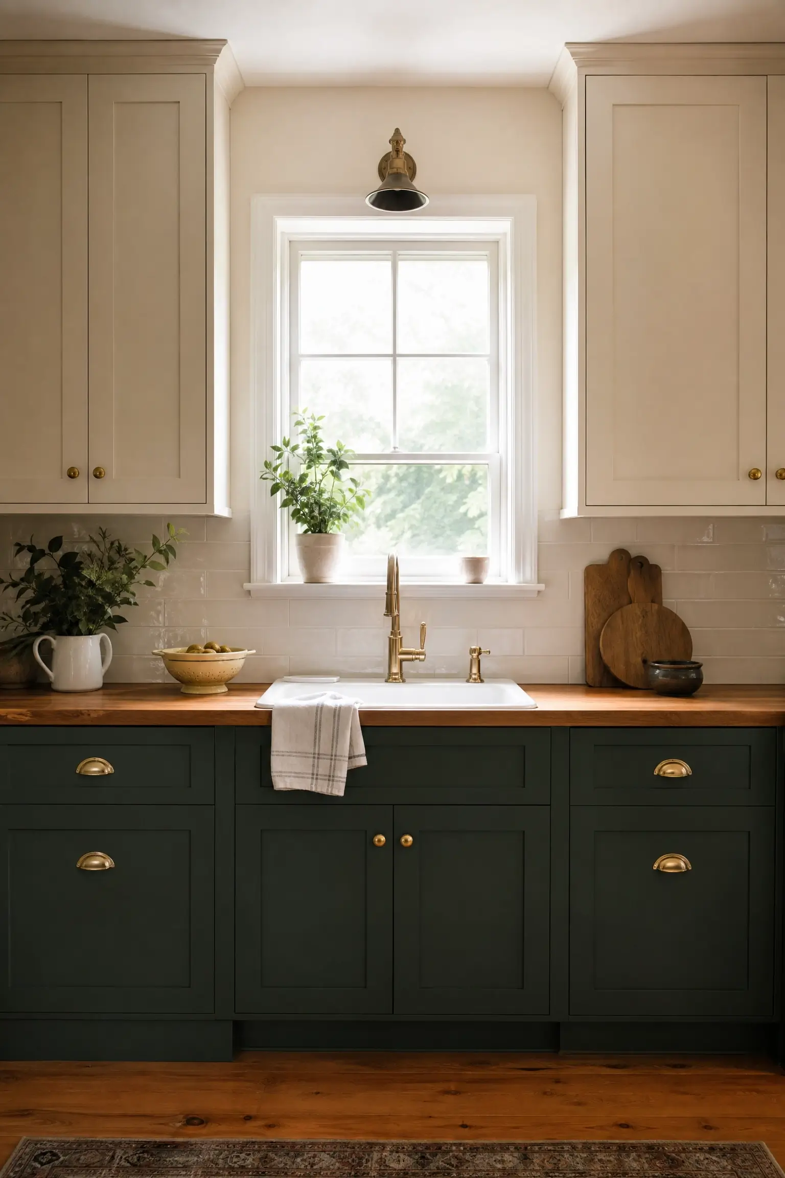 Two-tone kitchen design featuring deep moss green lower cabinets and warm cream upper cabinetry, paired with a white apron sink, brass faucet and cup pulls, a natural wooden butcher block countertop, and a framed window displaying a leafy green plant. 