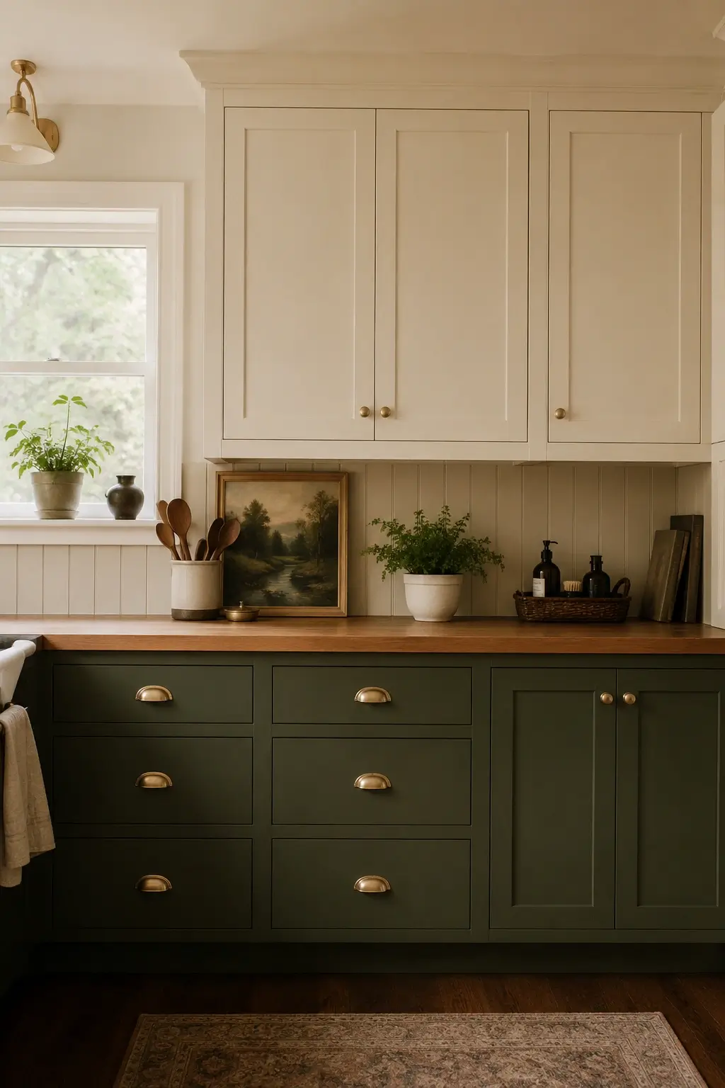 Deep moss green lower cabinets with warm cream uppers, brass pulls, wood countertop, and cottage kitchen decor.