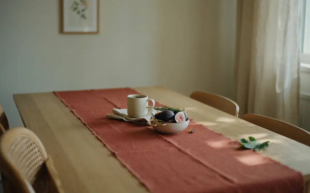 Rust linen runner adds contrast and depth to a light wood dining table with figs, coffee, and soft window light.