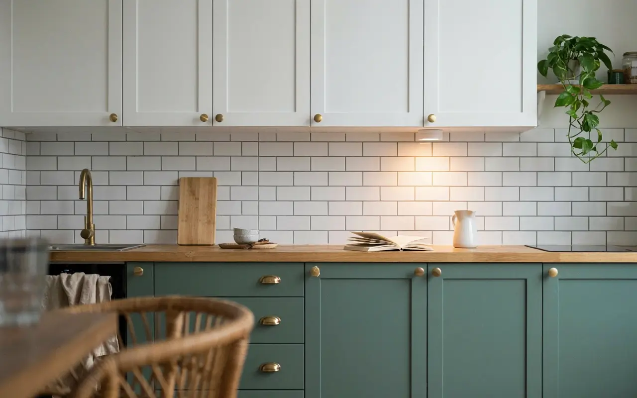 Deep sage lower cabinets with crisp white uppers, brass hardware, wood counter, and subway tile backsplash.