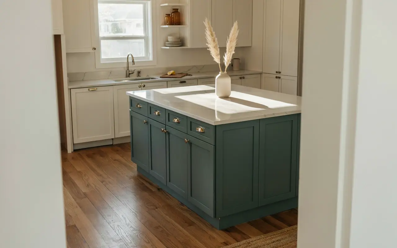 Deep green kitchen island with white countertop, cream cabinets, brass pulls, and warm wood flooring.