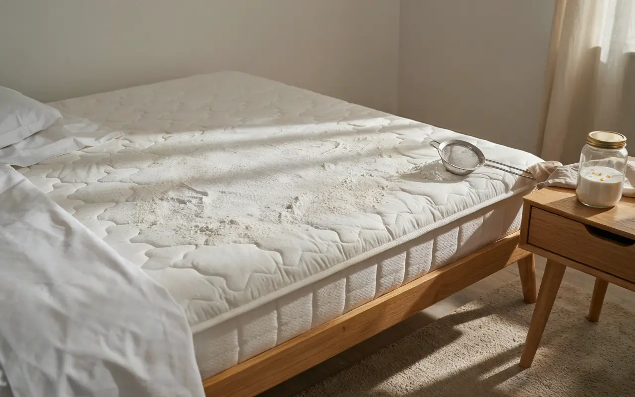 Alt Text: Baking soda sprinkled over a bare mattress to absorb odors during deep cleaning.