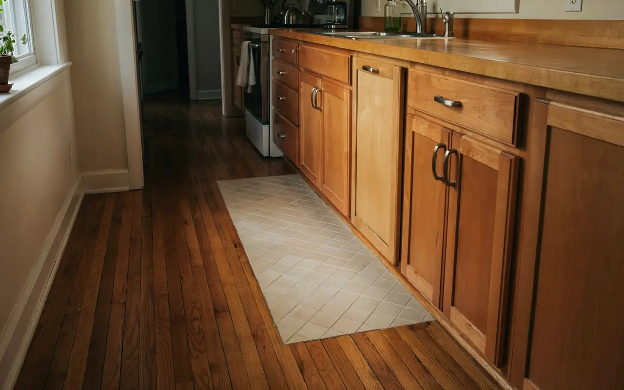 Diagonal tile flooring near the sink visually widens a narrow hickory galley kitchen.