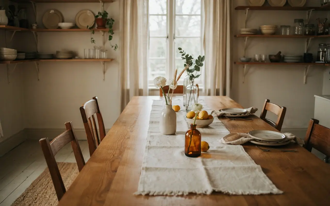 Three mixed-height bud vases on a linen runner decorating a long rustic kitchen table.