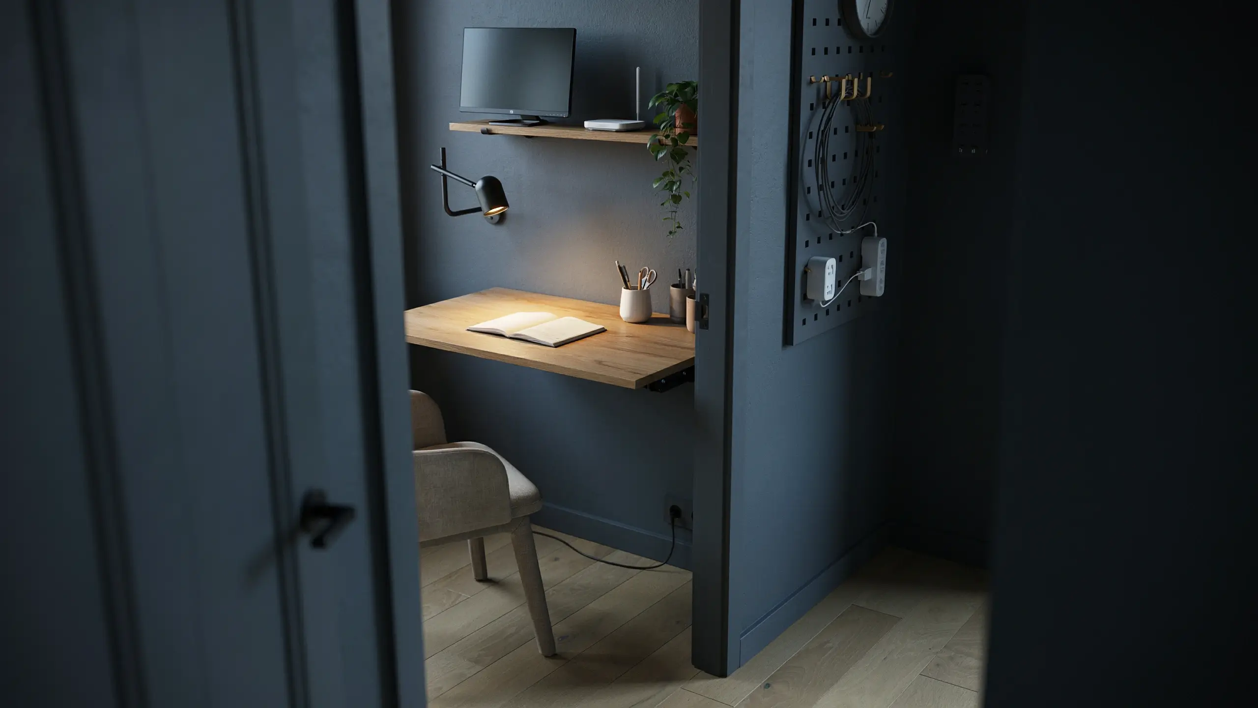 Hidden modern office nook with floating oak desk, sconce lamp, monitor shelf, trailing plant, and pegboard organizer, enclosed by dark sliding doors.