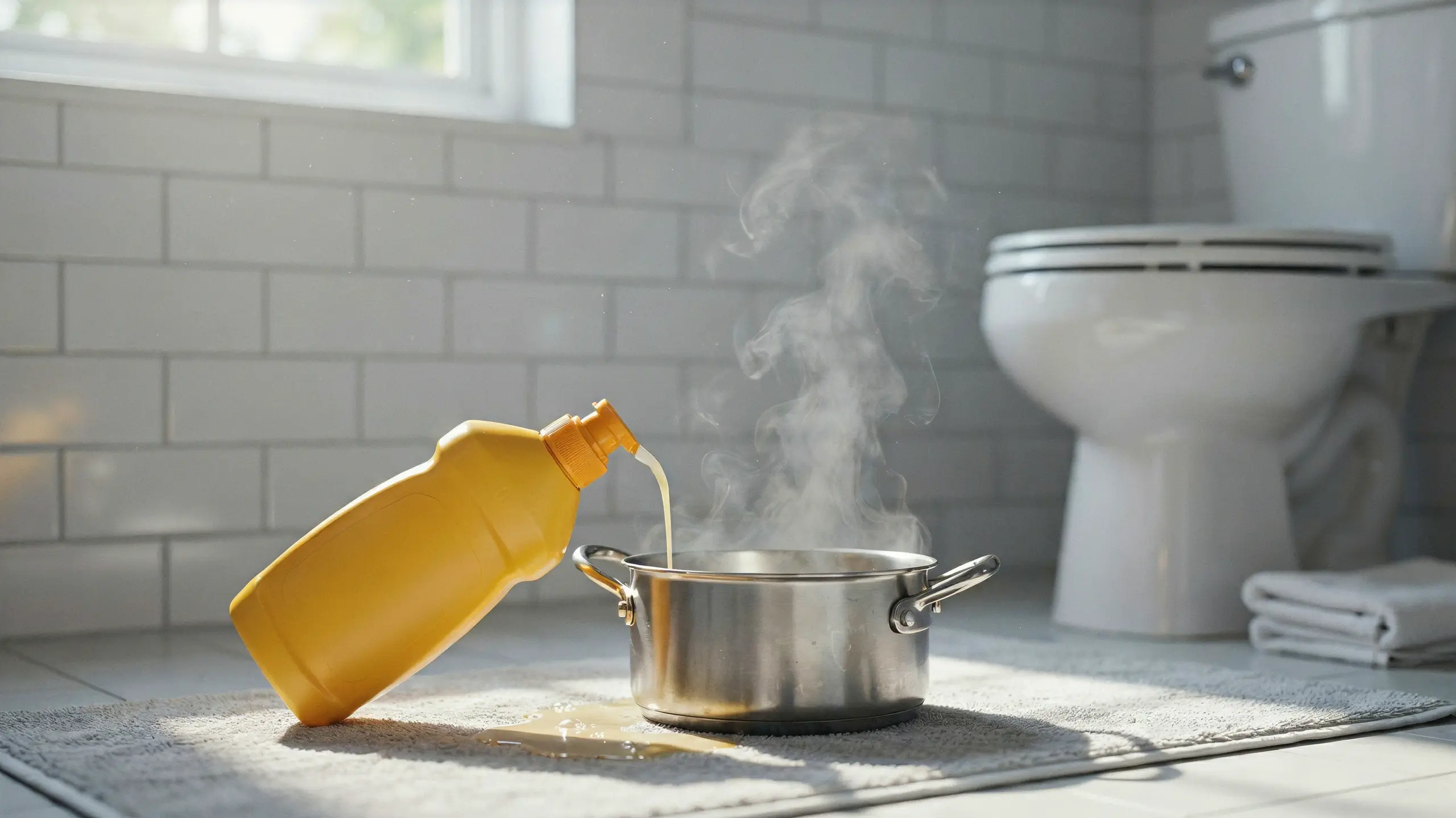 Pouring yellow dish soap into a steaming pot of hot water on a white bathroom rug next to a toilet to unclog a drain