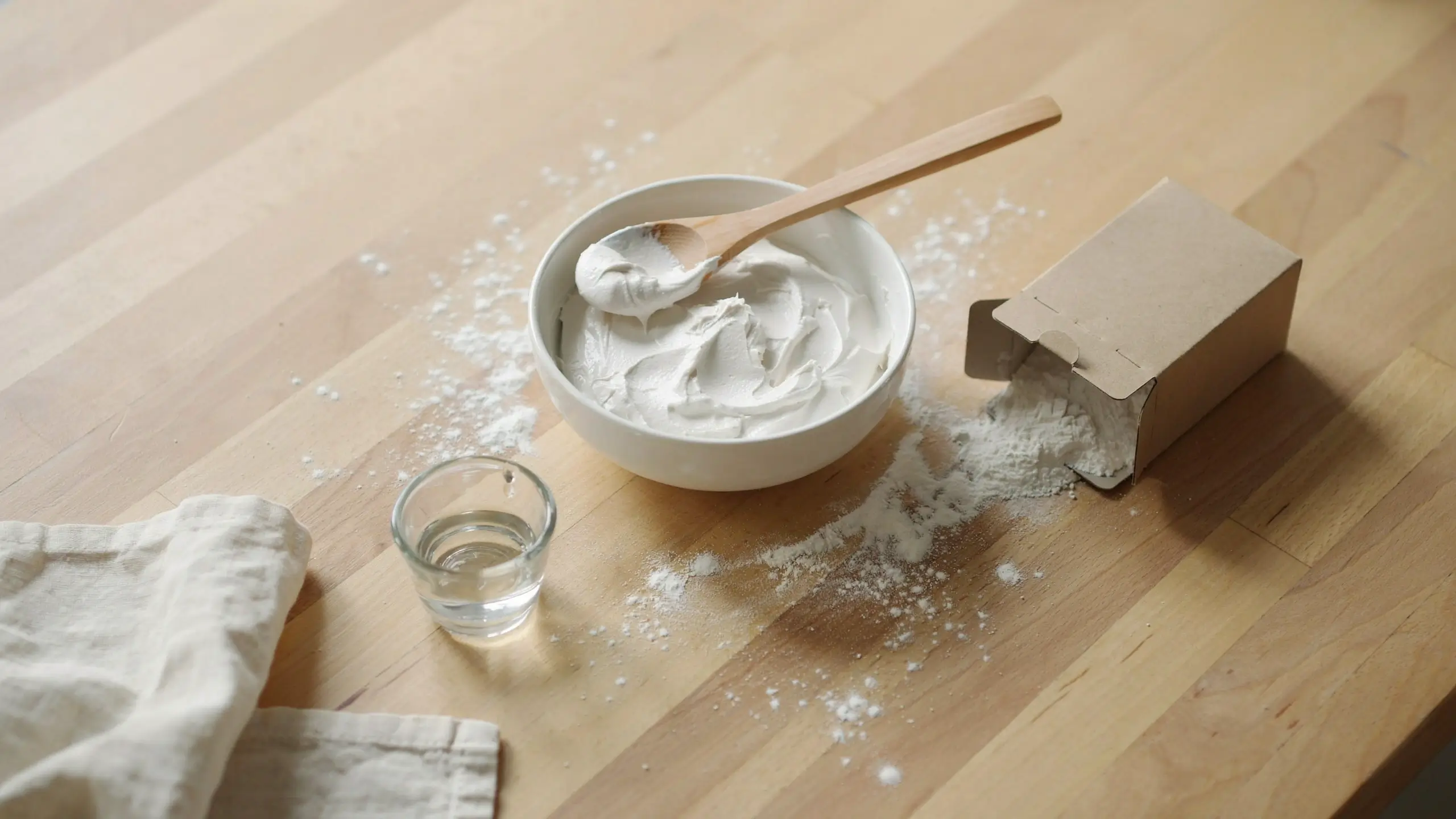 White bowl filled with a thick baking soda paste and a wooden spoon, surrounded by an open box of powder and a glass of water on a wooden surface
