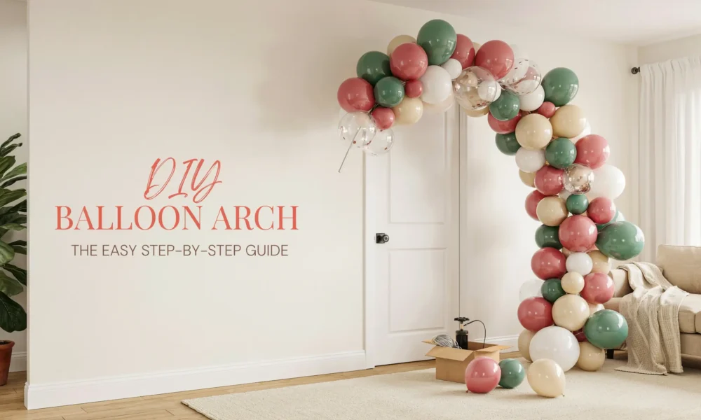 A DIY balloon arch in sage green, dusty rose, and cream colors installed next to a white door in a modern living room, with a balloon pump and supplies on the floor, illustrating an easy step-by-step party decoration tutorial