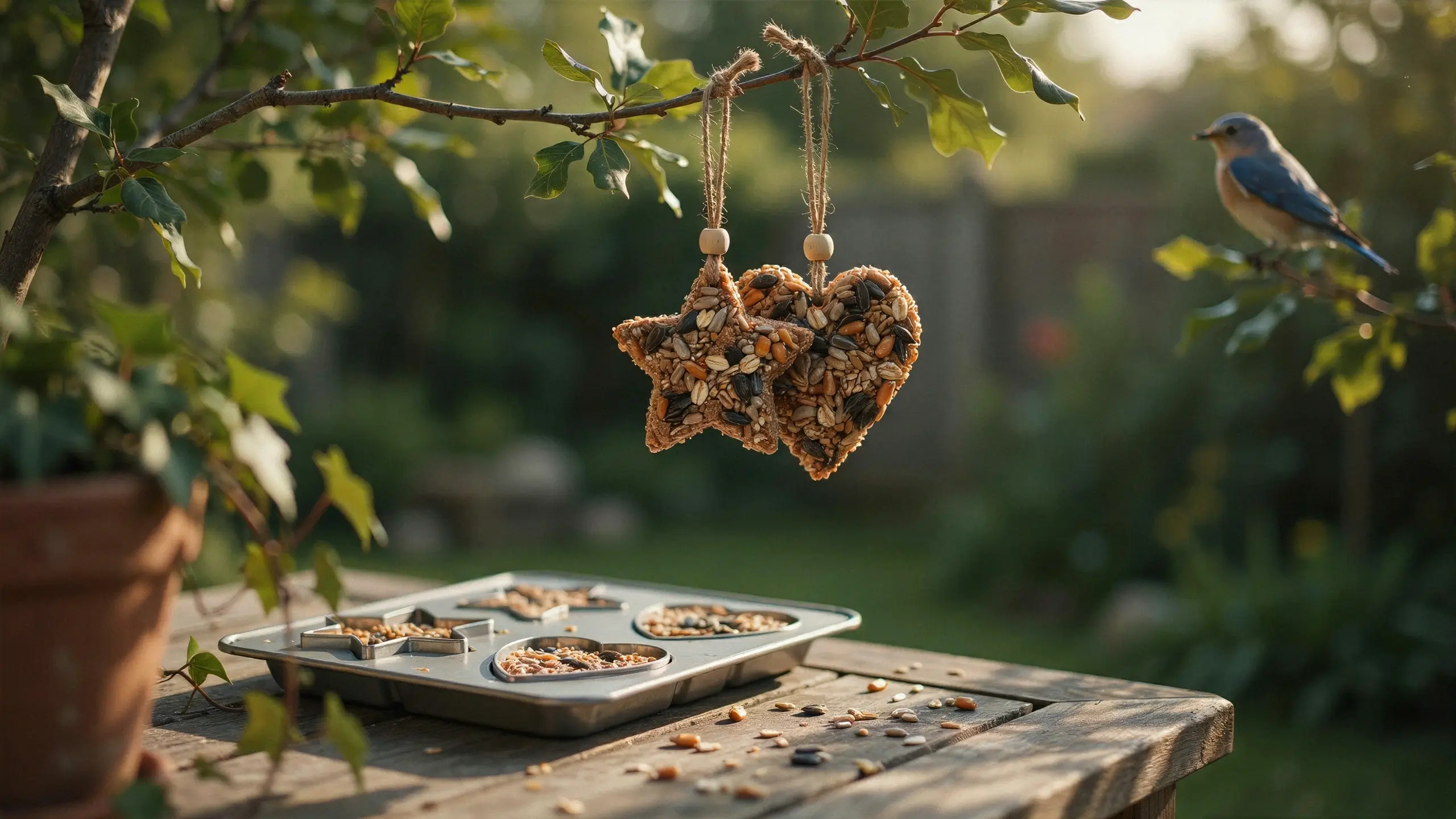 Homemade star and heart-shaped birdseed ornaments hanging from a tree branch with a bluebird perched nearby in a sunlit garden.