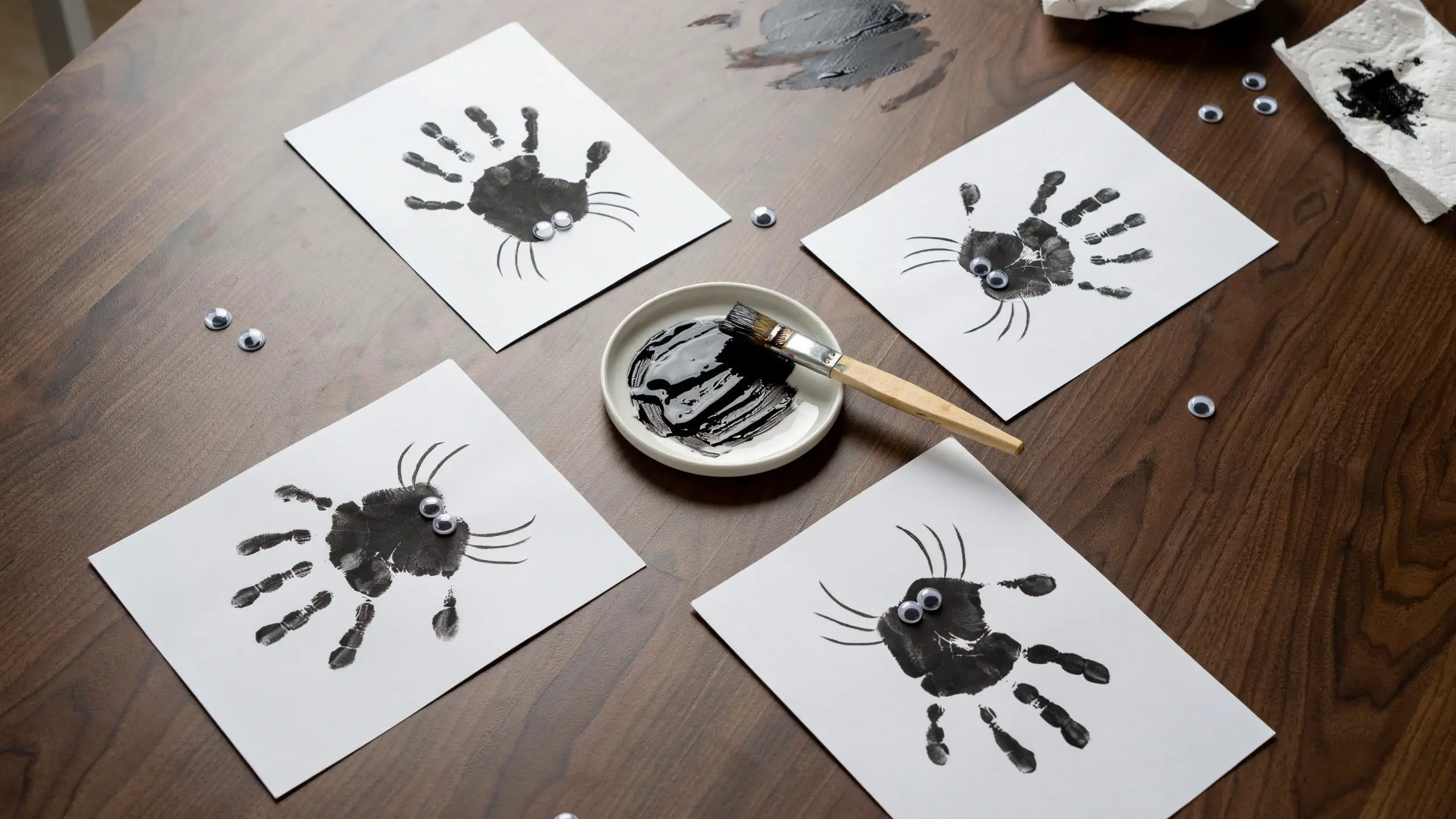 Black paint handprint spiders with googly eyes and drawn whiskers on white paper.