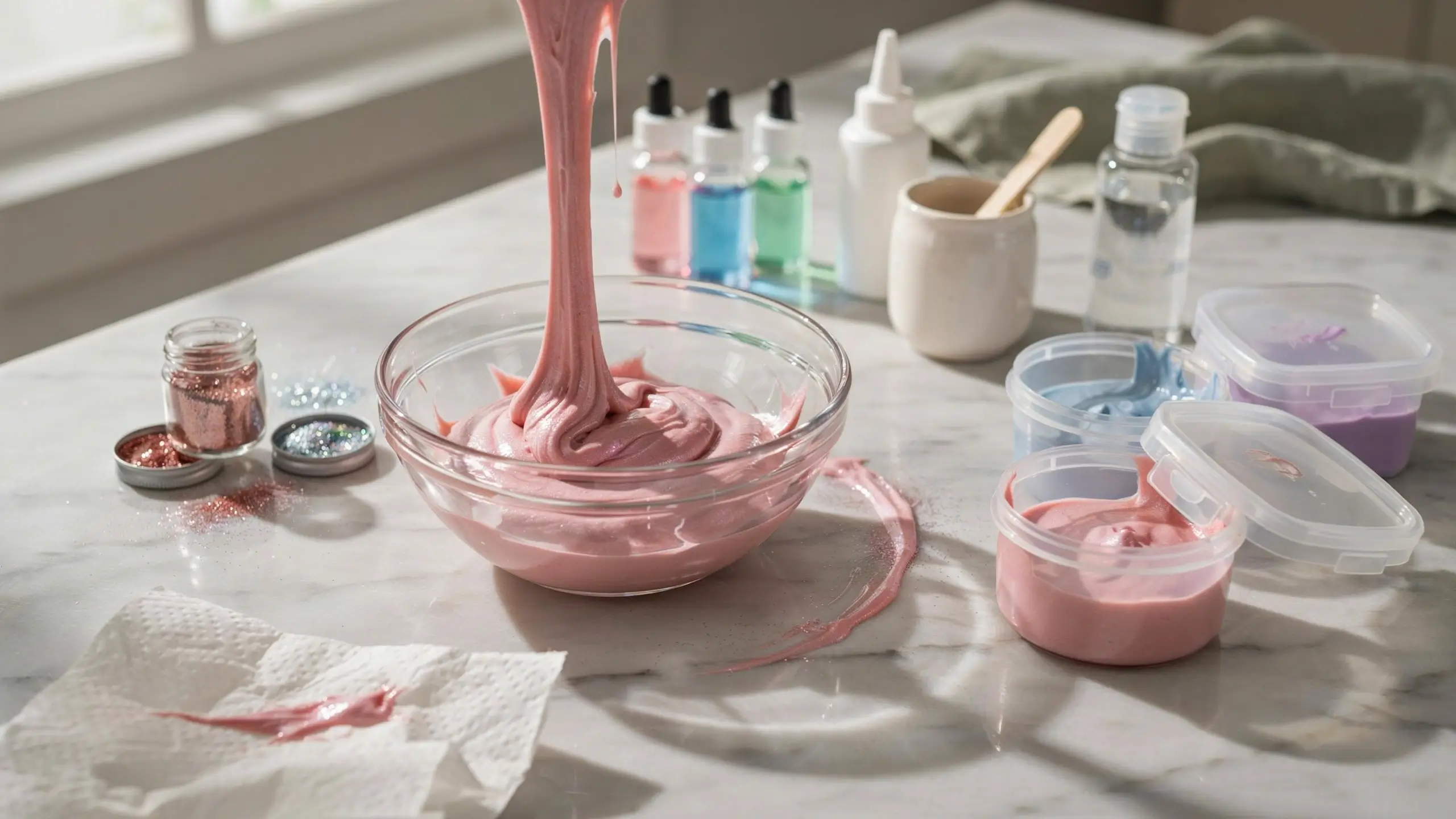 Hands-free view of glossy, pink borax-free slime being poured and stretched from a clear glass bowl, surrounded by glitter, dye droppers, and storage containers on a marble counter for a DIY sensory craft project.