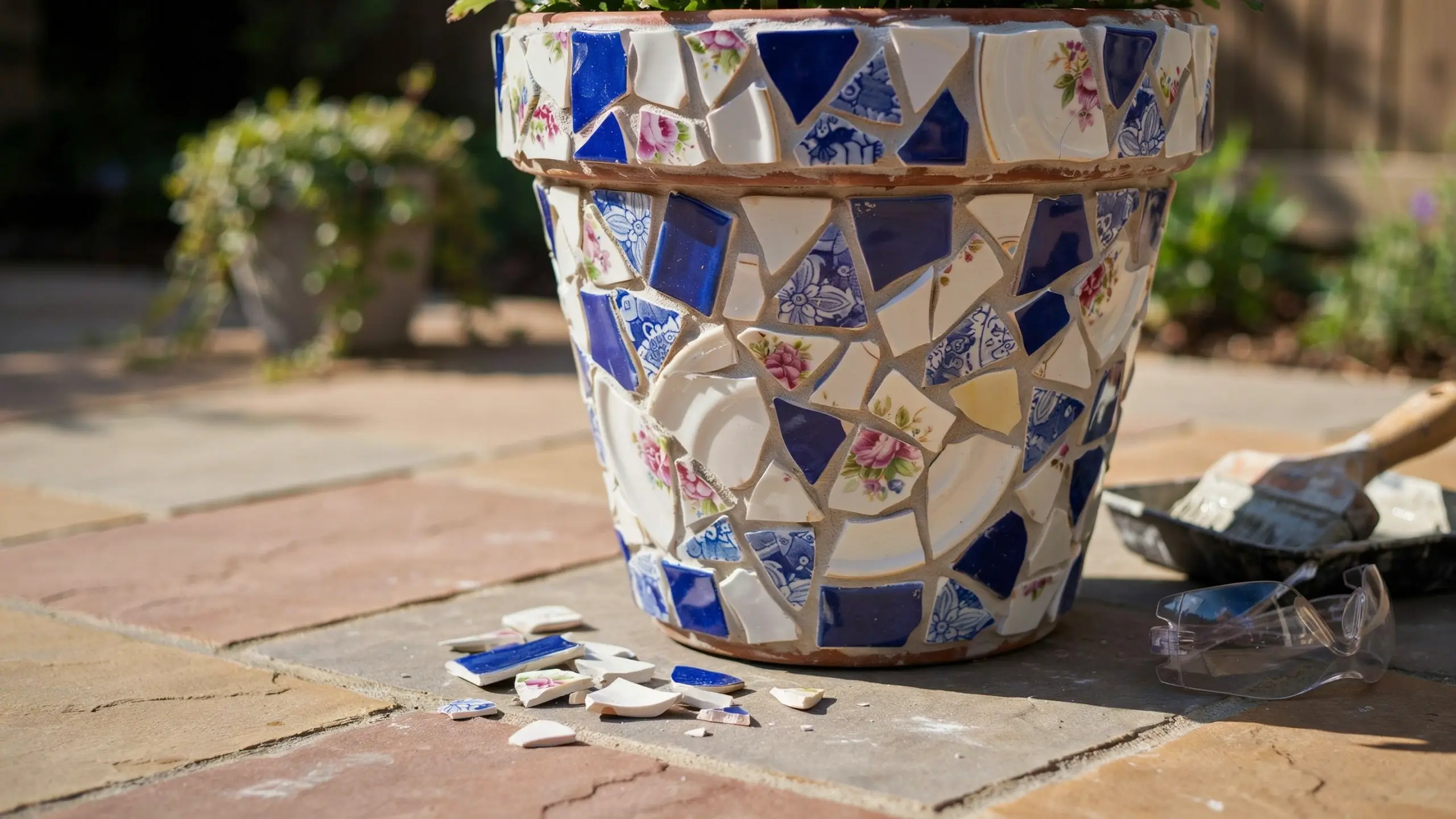 A close-up of a broken china mosaic flower pot in progress, featuring scattered blue and white ceramic shards, a metal grout trowel, and clear safety glasses on a sunlit stone patio. 