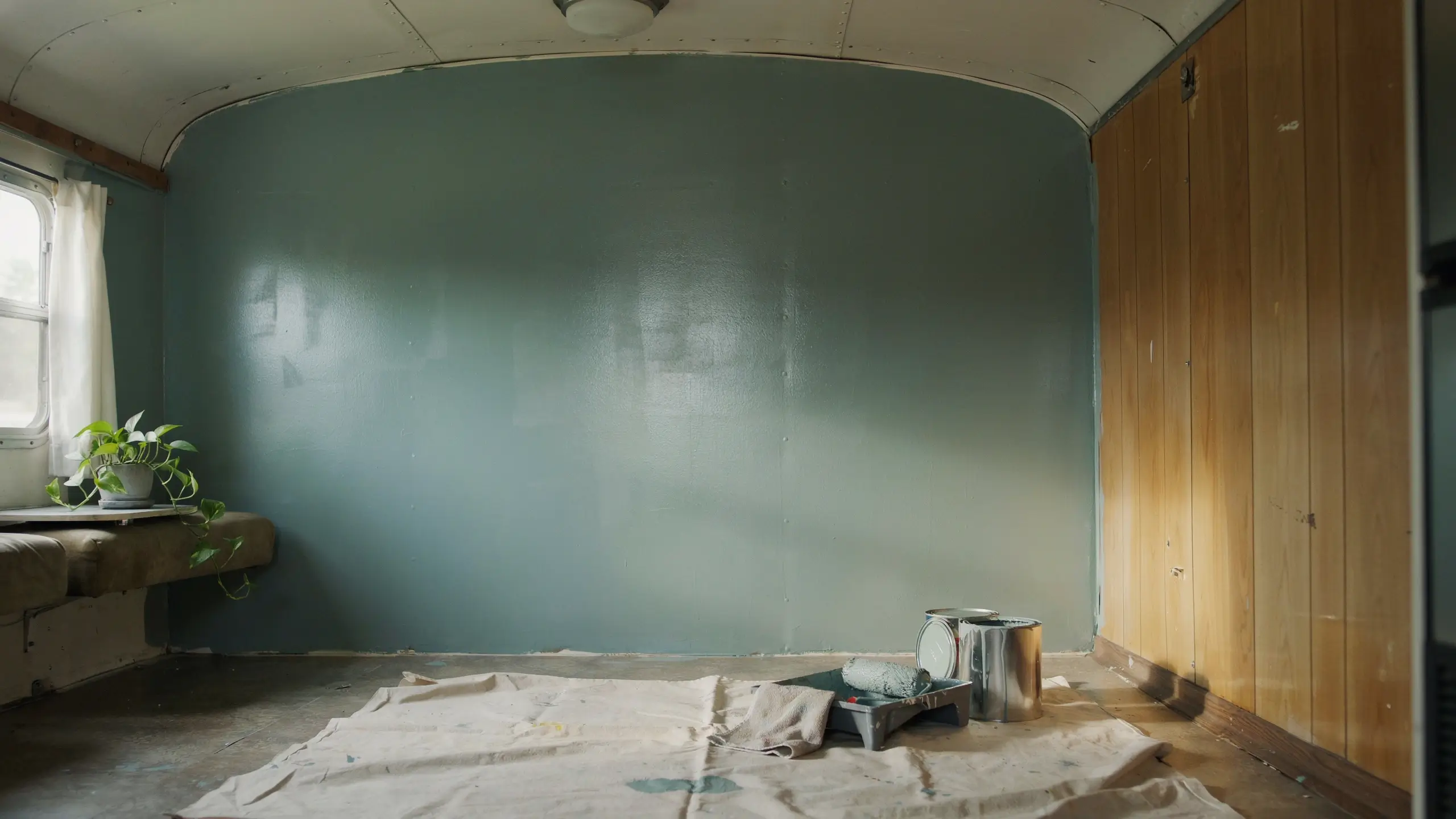 Interior of a camper van renovation featuring newly painted soft sage green walls, a wooden paneled side wall, and a potted plant sitting on the window seat, with a paint roller and tray on a protective drop cloth