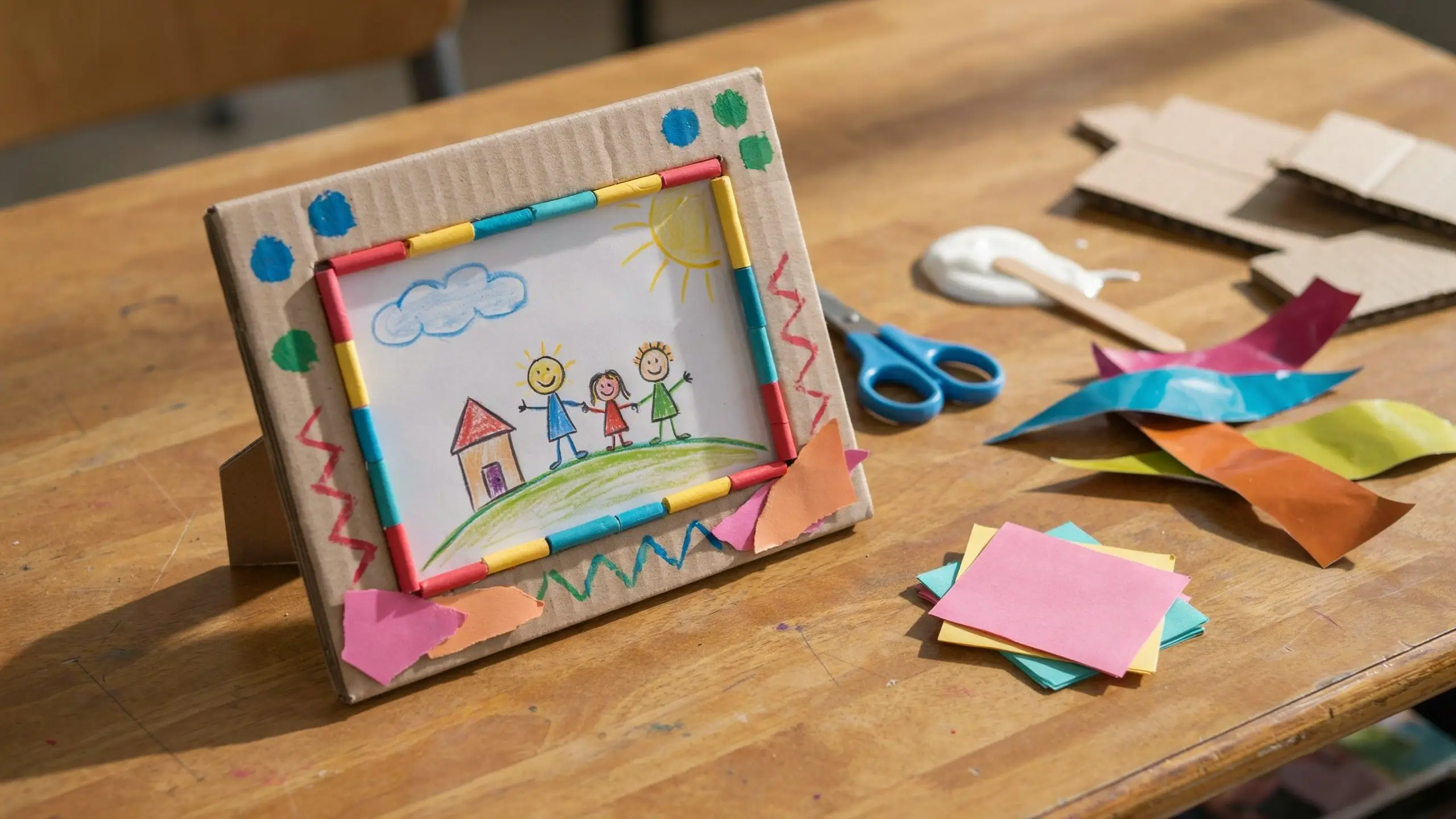 Handmade cardboard photo frame decorated with paper and straws beside colorful kids’ craft supplies.