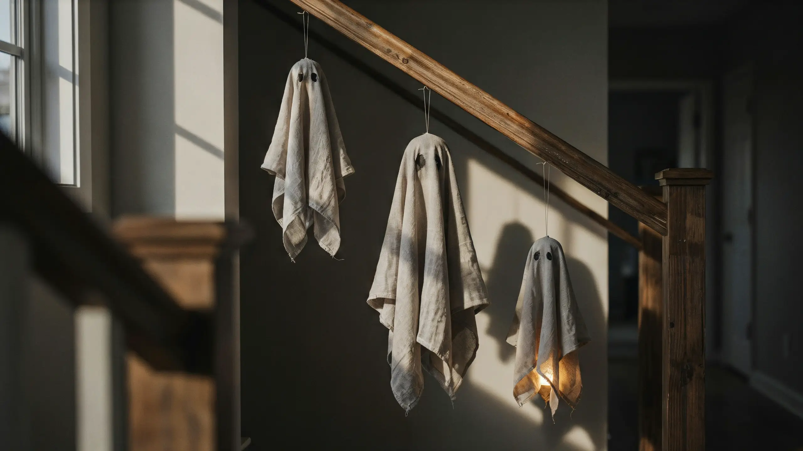 Three handmade cheesecloth ghosts with black dot eyes hanging on strings from a wooden stair banister, with the lowest ghost emitting a warm, glowing light that casts dramatic shadows against a sunlit cream-colored wall in a hallway. 