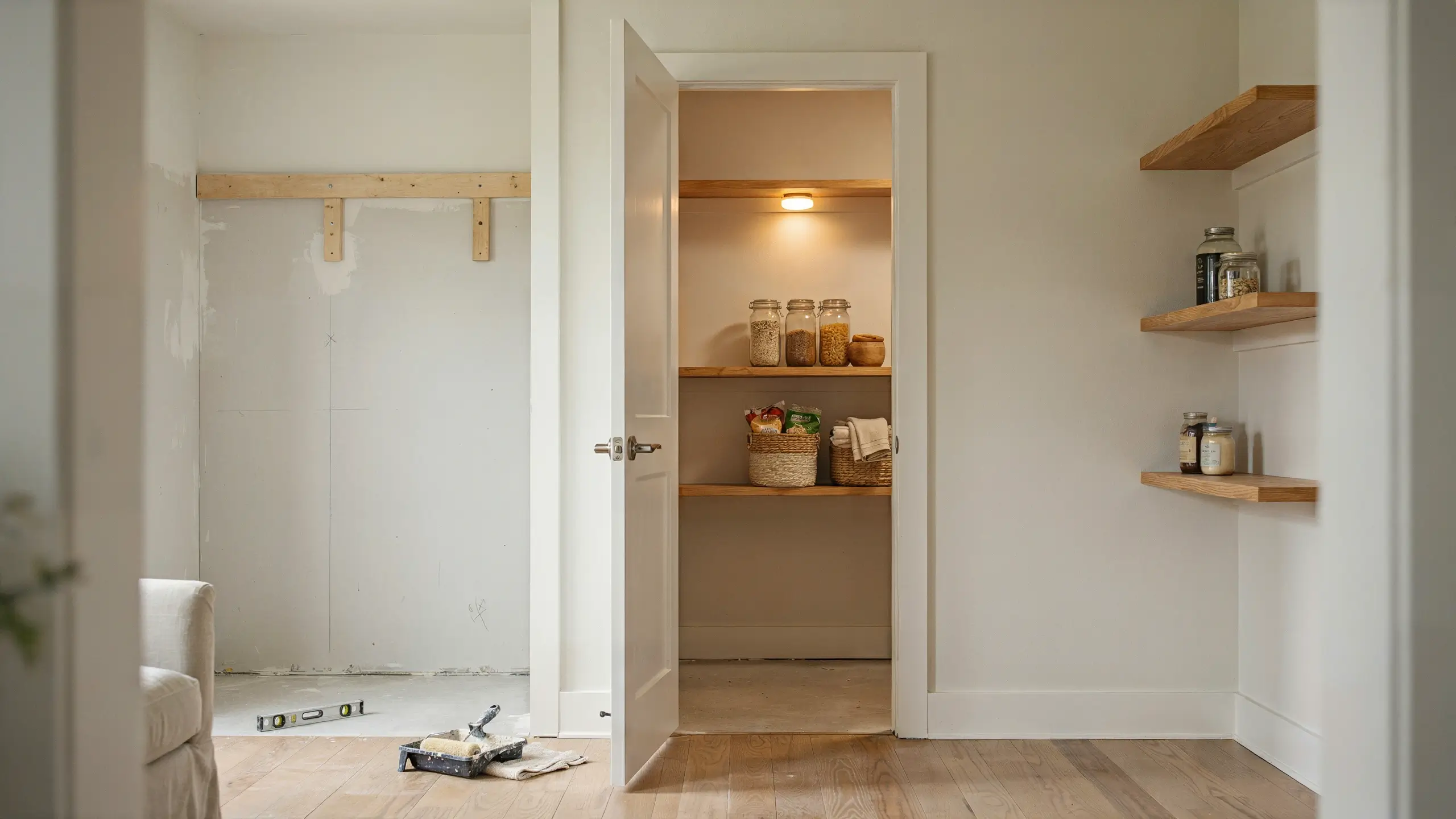 Open white door revealing a finished, lit DIY walk-in pantry with wooden floating shelves and glass storage jars, while an unfinished drywall and construction tools on the left show the installation process. 