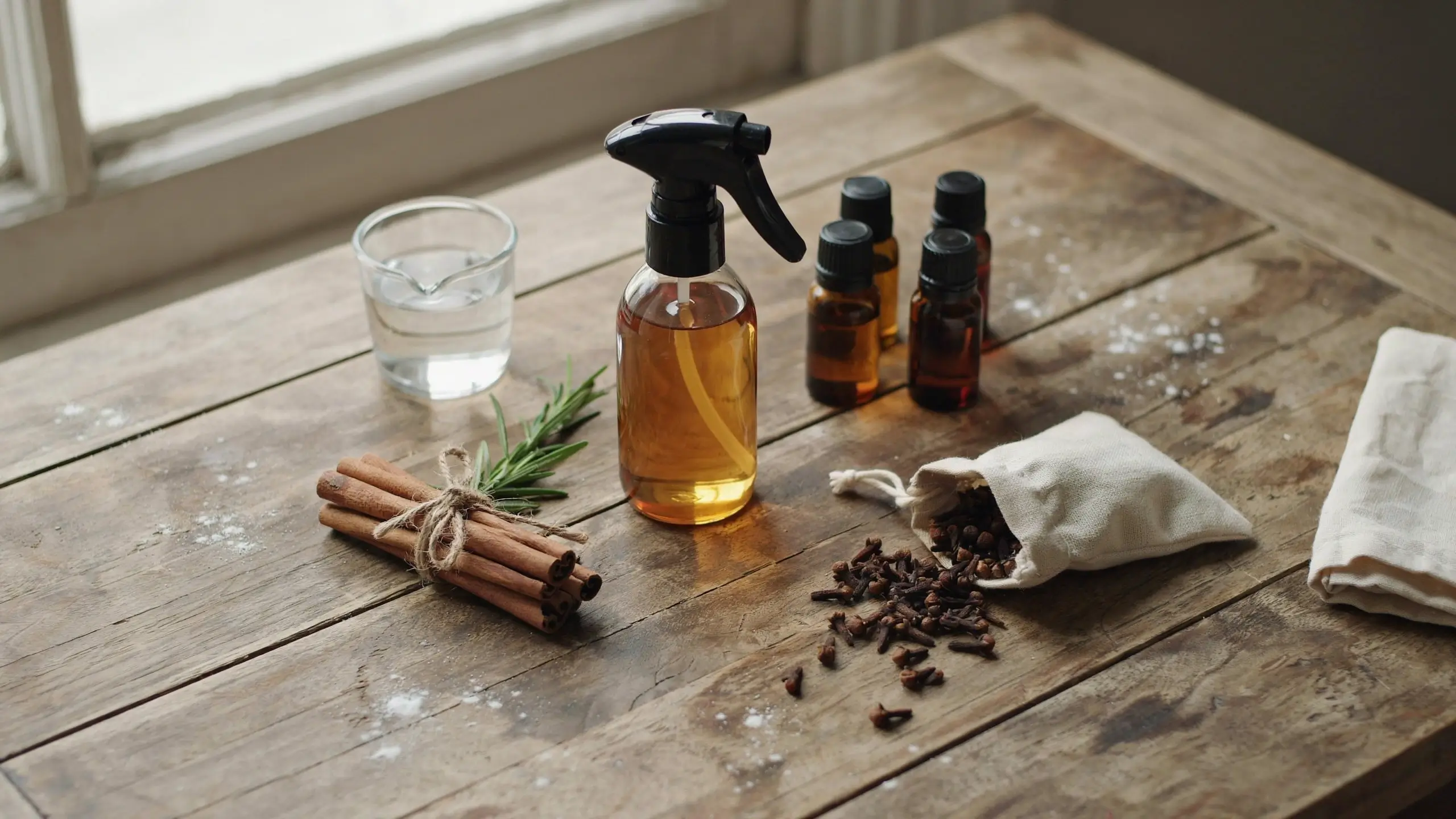DIY clove and cinnamon essential oil spray ingredients displayed on a rustic wooden table, featuring amber glass bottles, a filled spray bottle, fresh rosemary, cinnamon sticks, and whole cloves spilling from a linen pouch.