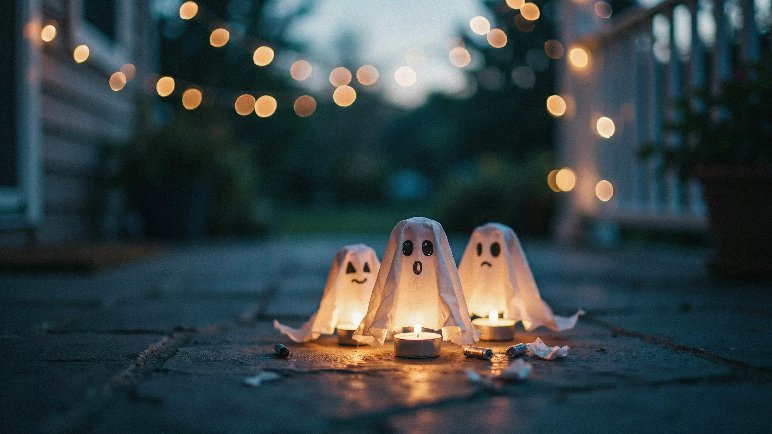 Three glowing DIY coffee filter ghost lanterns illuminated by tealight candles, resting on a stone patio with string lights blurred in the dusk background.