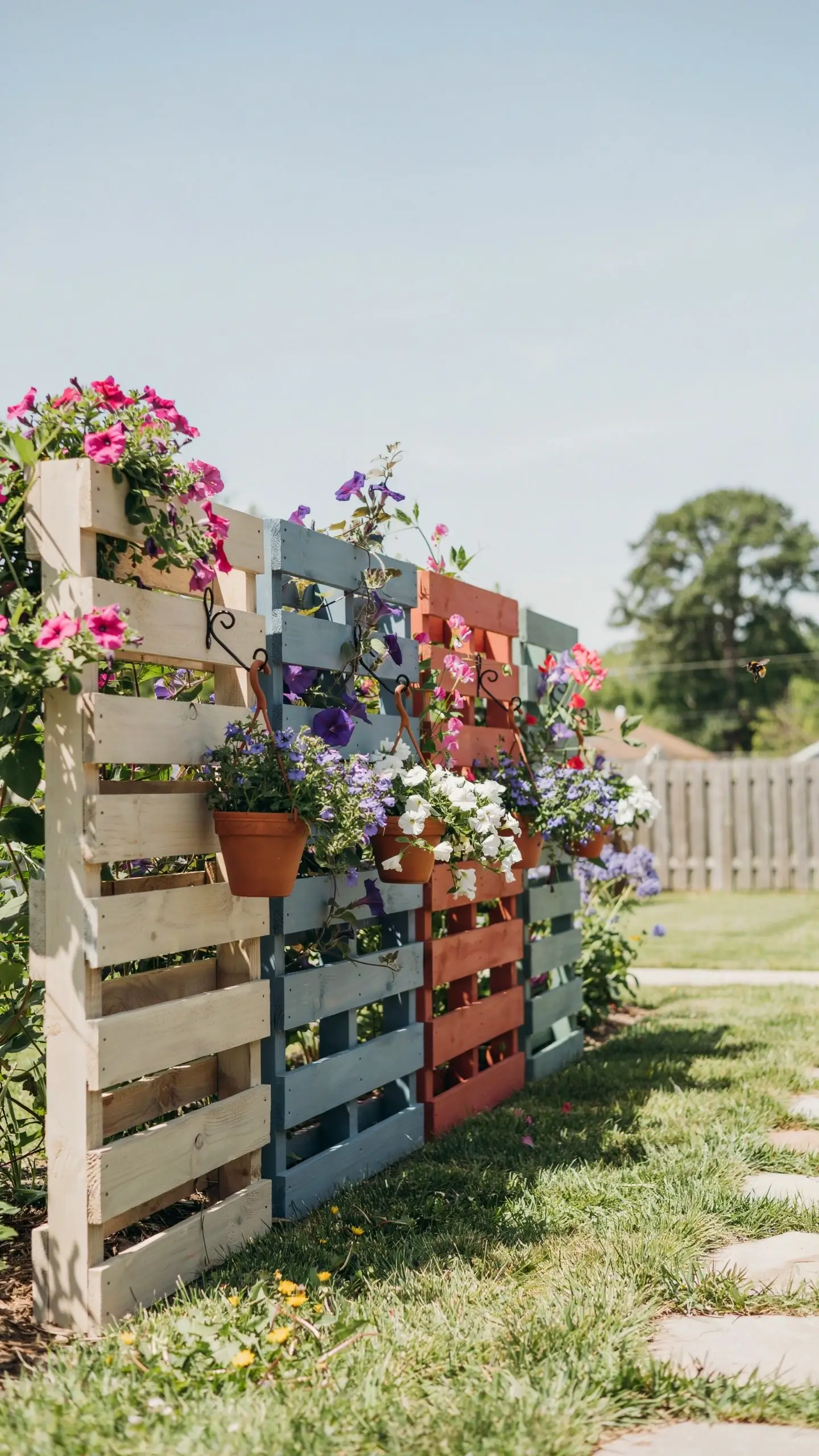 "DIY colorful wooden pallet fence acting as a vertical garden screen with hanging terracotta planters full of pink, purple, and white petunias in a sunny backyard."