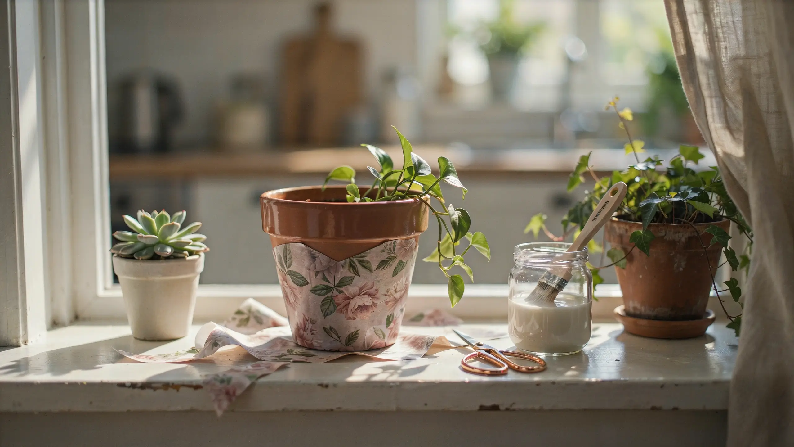 DIY fabric decoupage terracotta pot with a green pothos plant sitting on a sunlit windowsill, next to a glass jar of craft glue, a brush, and scissors
