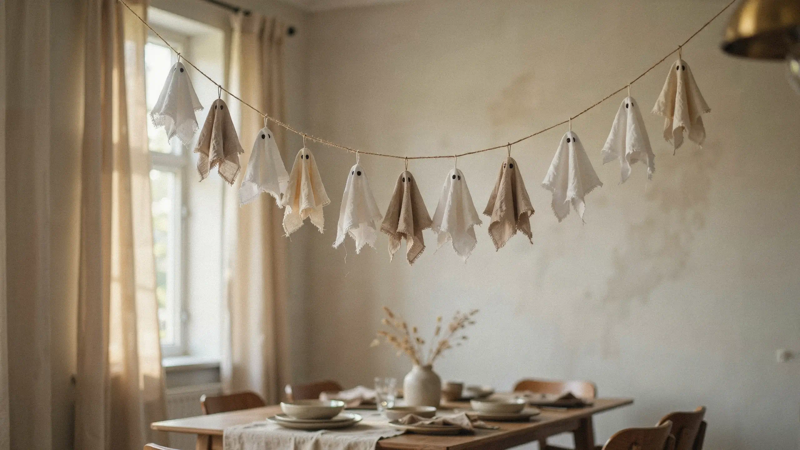 Handmade white and beige cloth ghost garland hanging over a minimalist dining table with dried flowers and beige curtains