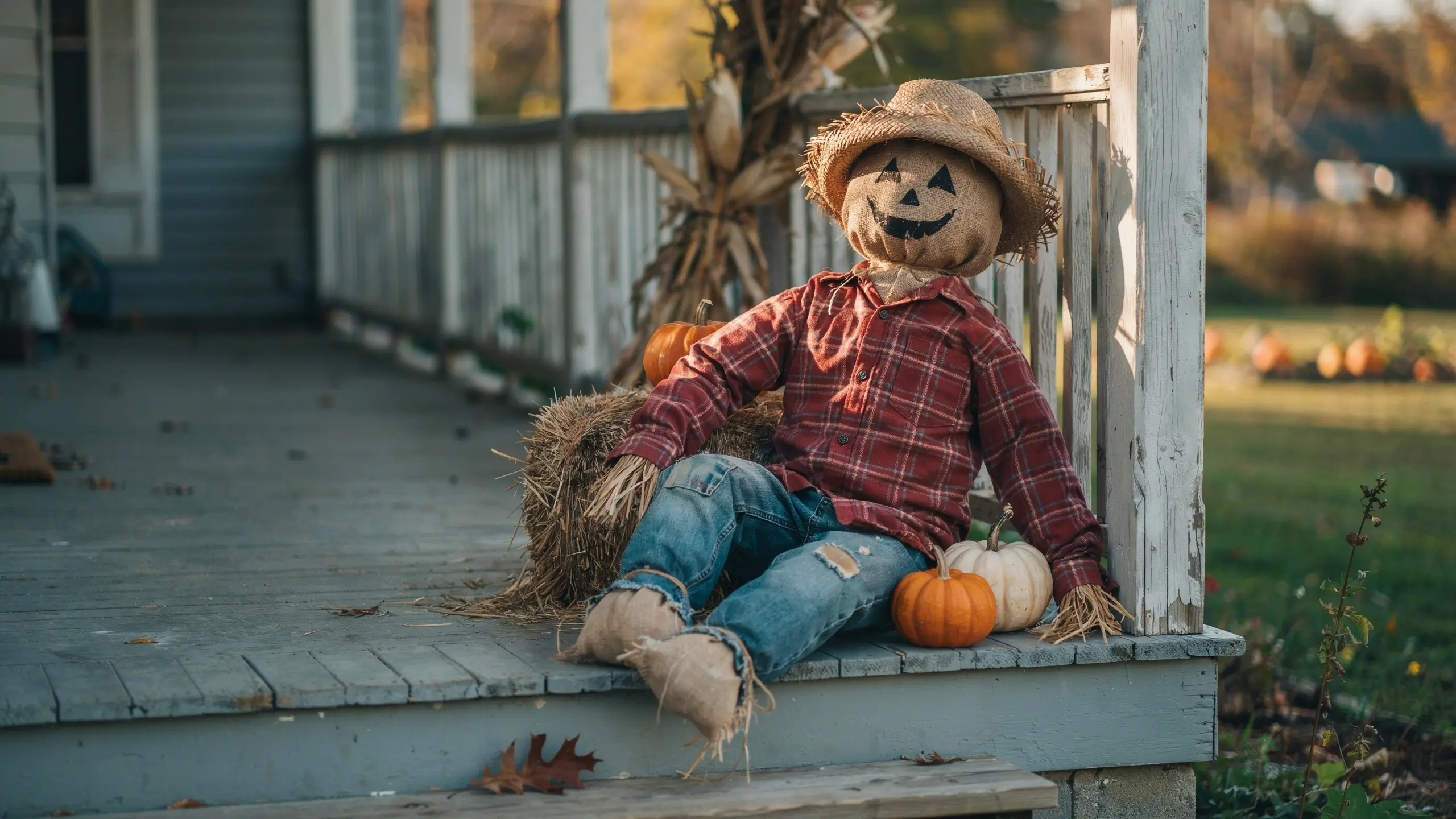 A DIY fall scarecrow with a burlap jack-o'-lantern face, a wide-brim straw hat, and a red plaid flannel shirt sitting on a rustic wooden porch step beside a hay bale, an orange pumpkin, and a white pumpkin. 