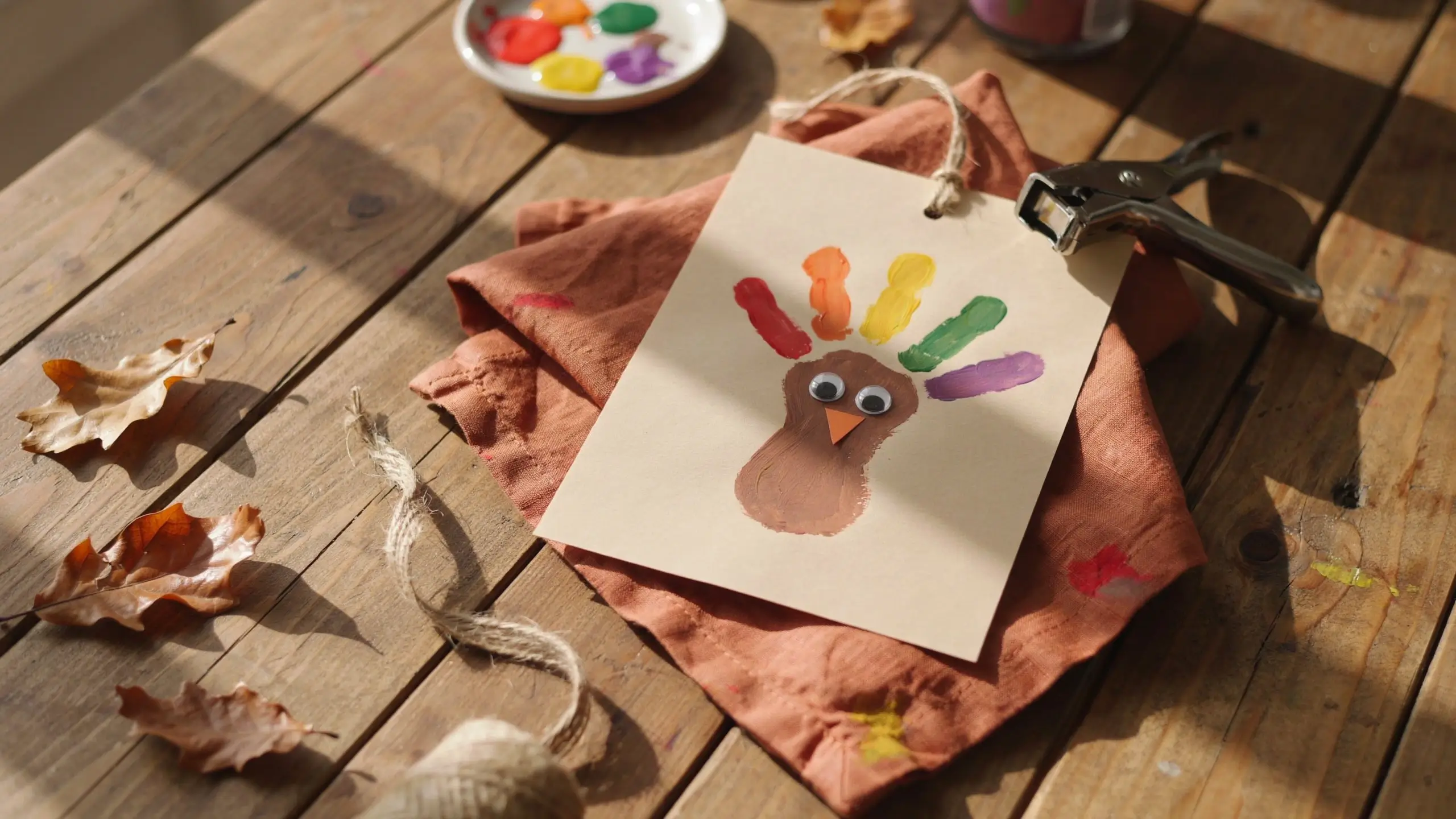 A completed footprint turkey craft for kids with painted colorful rainbow feathers, googly eyes, and an orange paper beak, lying on a rustic wooden table surrounded by autumn leaves