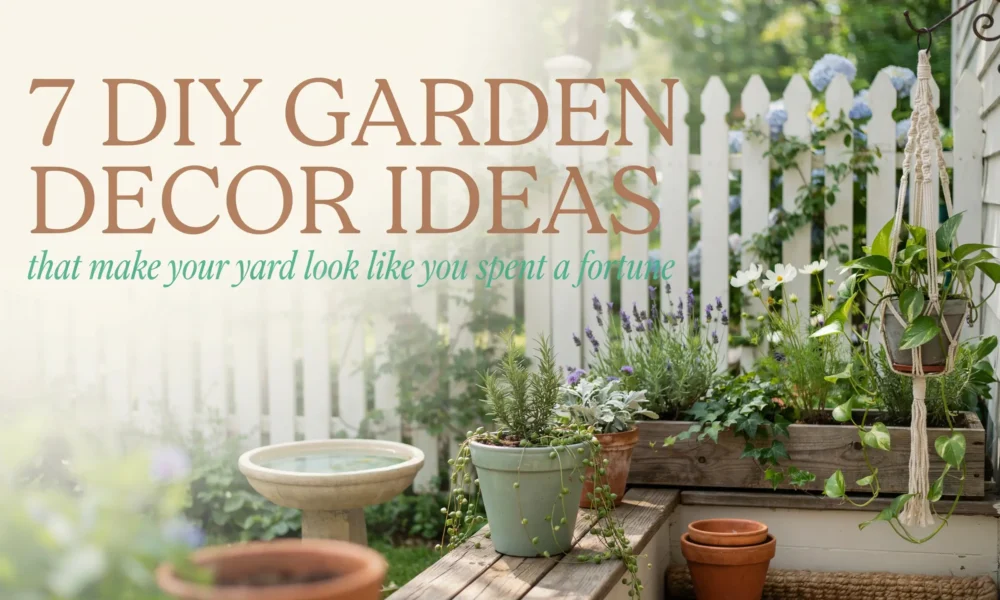Sunlit rustic garden patio featuring a white picket fence, a macrame hanging planter with trailing vines, a wooden box of lavender and rosemary, and a vintage stone birdbath, representing 7 DIY decor ideas that look expensive on a budget.