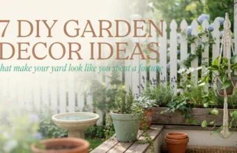 Sunlit rustic garden patio featuring a white picket fence, a macrame hanging planter with trailing vines, a wooden box of lavender and rosemary, and a vintage stone birdbath, representing 7 DIY decor ideas that look expensive on a budget.