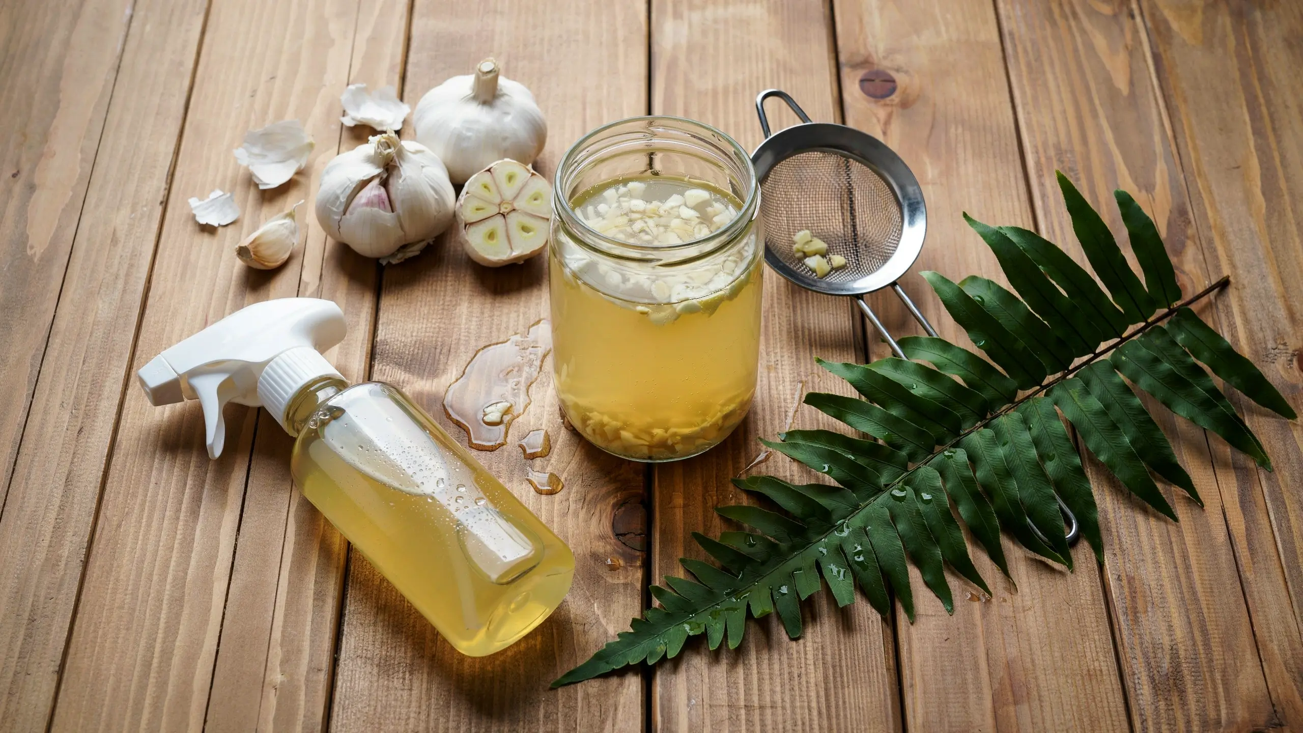 Homemade DIY garlic yard spray solution in a glass jar and plastic spray bottle, surrounded by fresh garlic bulbs and a green fern leaf on a wooden surface. 