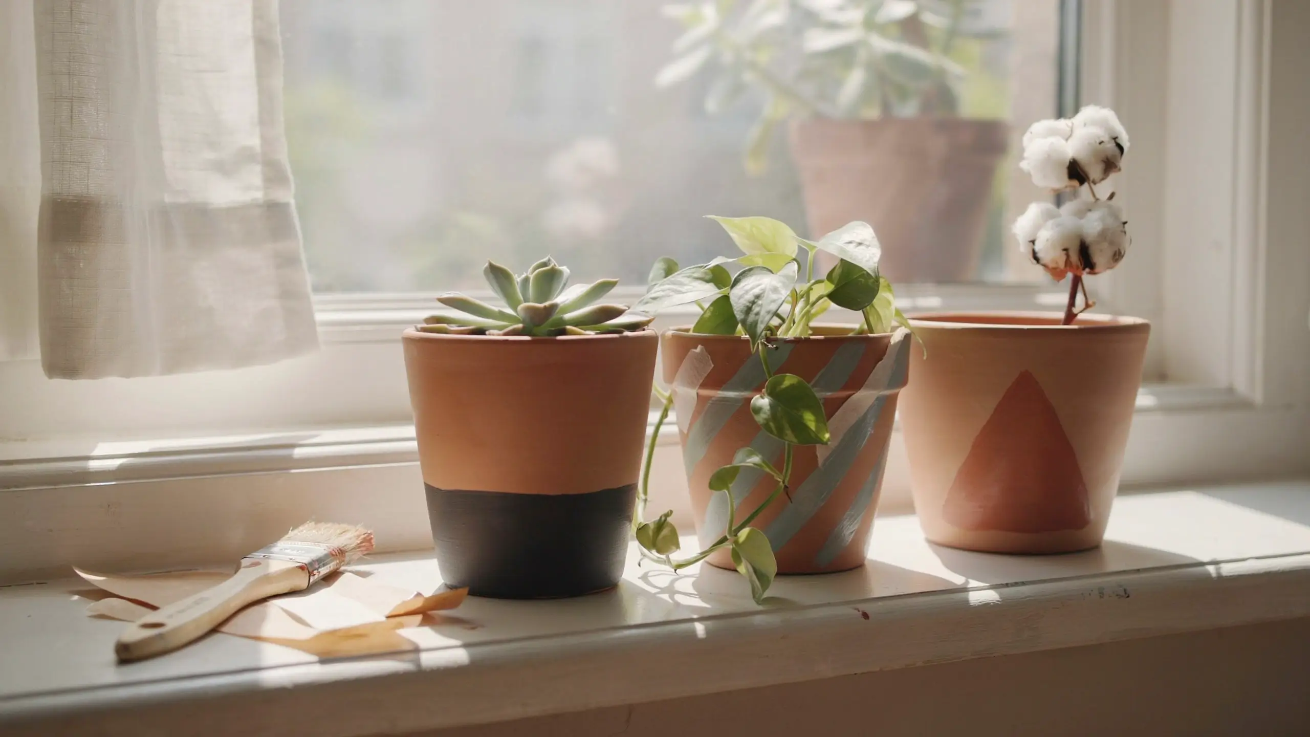 Three DIY painted terracotta pots with geometric black, striped, and triangle patterns on a sunlit windowsill, featuring a succulent, trailing vine, and cotton sprig. 