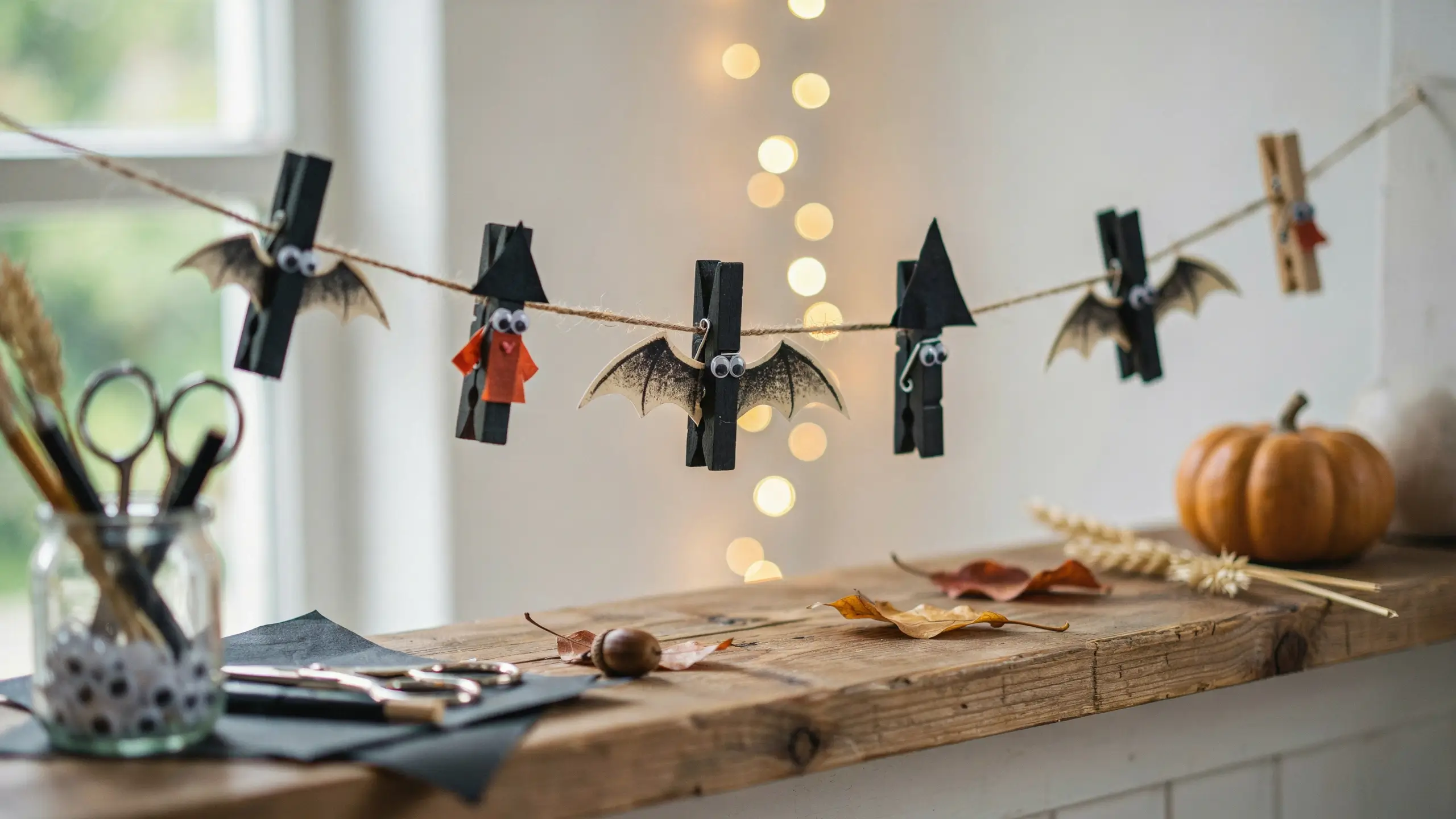 Black painted clothespin bat and witch craft garland with googly eyes hanging on twine above a rustic wooden shelf with pumpkin and fairy lights.