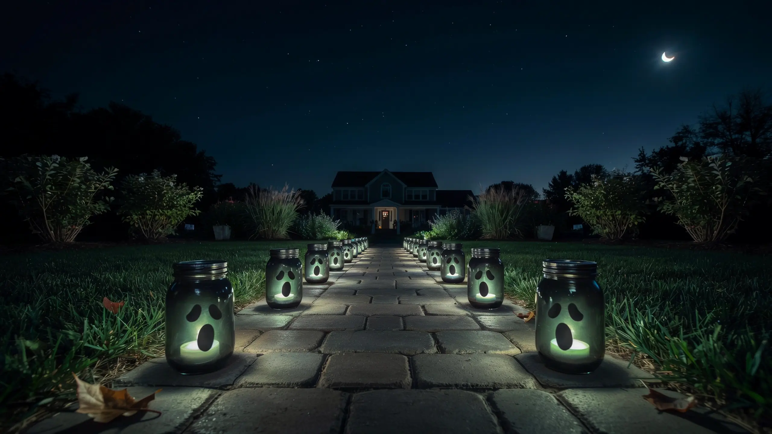 A row of glowing ghost-faced DIY mason jar path lights lining a stone walkway in a dark front yard, leading to a house under a crescent moon for Halloween night. 