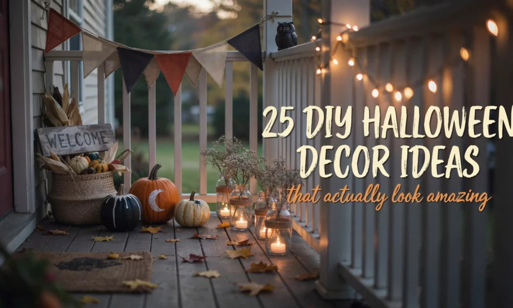 Cozy front porch decorated for Halloween with painted pumpkins, glass jar candle lanterns, rustic WELCOME sign, warm string lights, and autumn leaves.